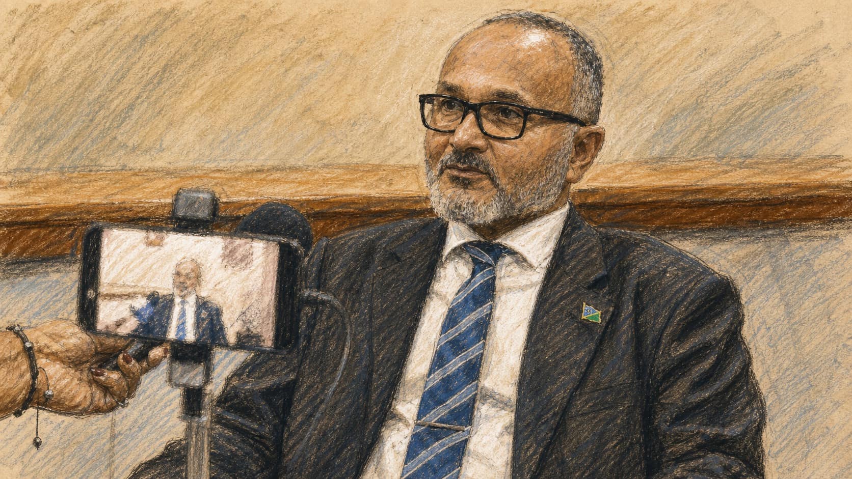 Courtroom-sketch editorial illustration of Solomon Islands Prime Minister Matthew Wale seated during an interview with a smartphone camera and handheld microphone in the foreground, rendered in warm ochre and slate-blue pastel strokes.