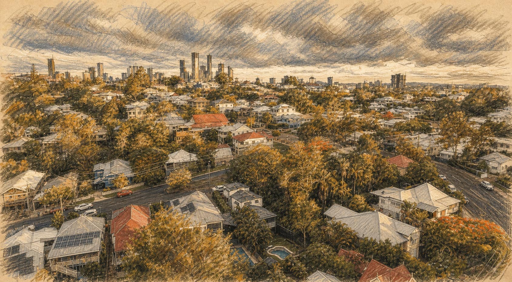 Courtroom-sketch editorial illustration of a leafy Australian suburban neighborhood with detached homes, curving streets, and a distant city skyline beneath a cloudy sky, rendered in warm ochre and slate-blue pastel strokes.