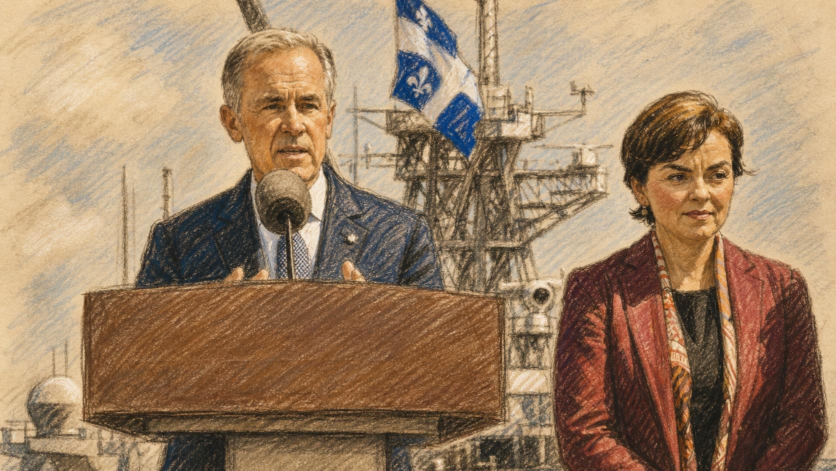 Courtroom-sketch editorial illustration of Mark Carney speaking at an outdoor lectern beside a woman, with maritime infrastructure and a Quebec flag behind them, rendered in warm ochre and slate-blue pastel strokes.