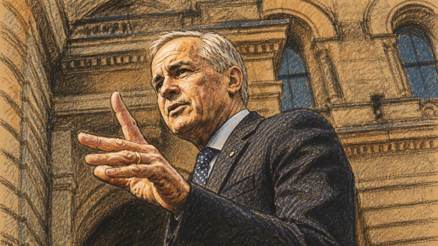 Courtroom-sketch editorial illustration of Canadian Prime Minister Mark Carney speaking outside a stone government building with his left hand extended toward the camera, rendered in warm ochre and slate-blue pastel strokes.