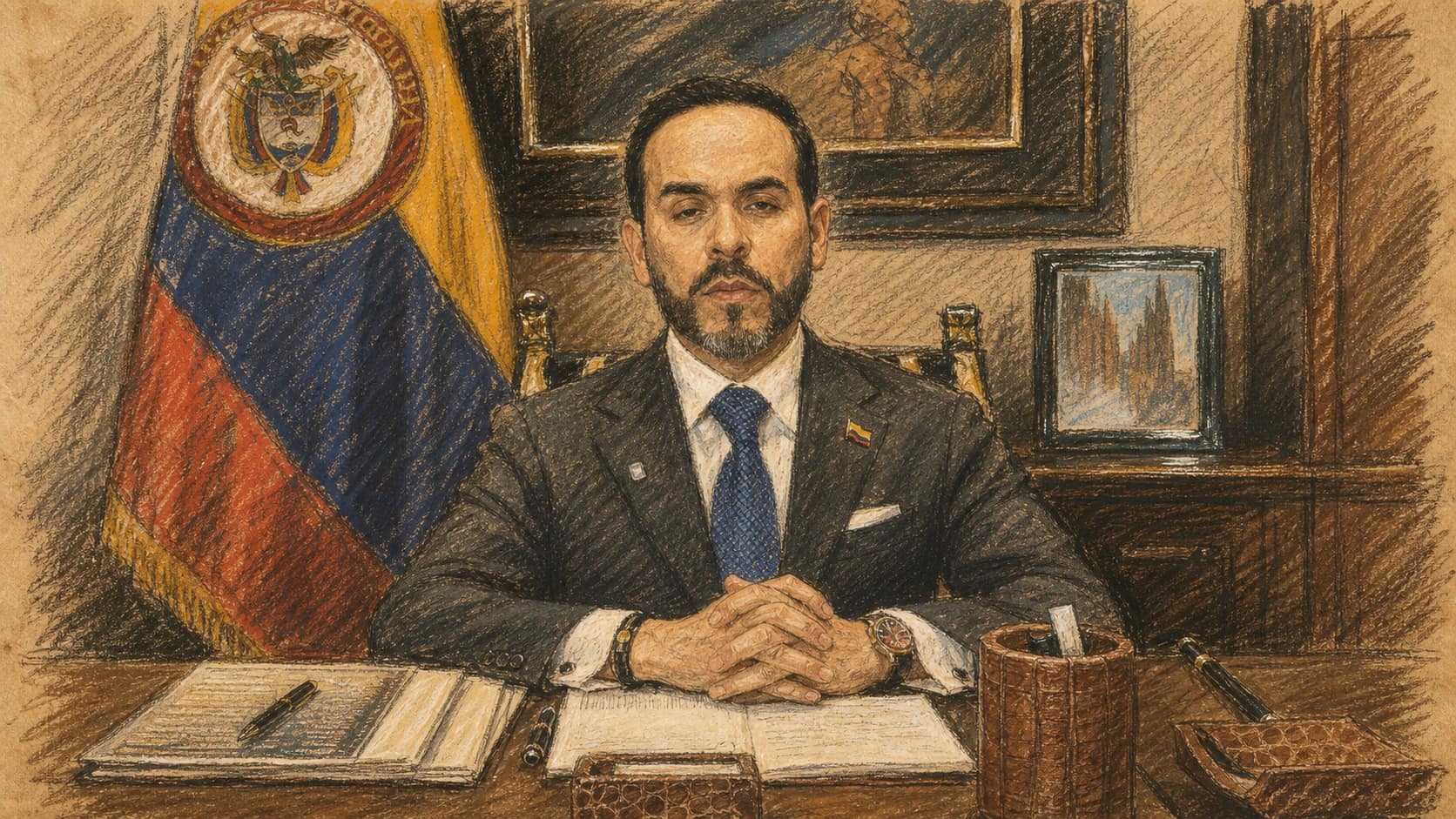 Courtroom-sketch editorial illustration of a Colombian official seated with clasped hands at a wooden office desk beside the national flag, rendered in warm ochre and slate-blue pastel strokes.