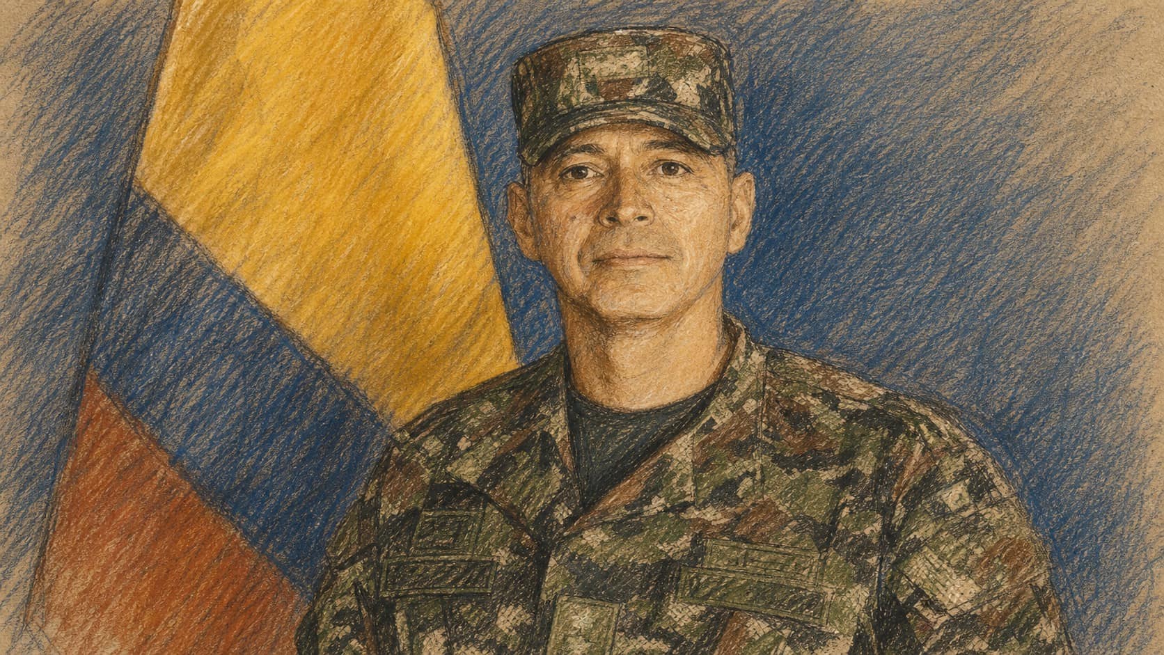 Courtroom-sketch editorial illustration of a Colombian army officer in camouflage uniform standing before the Colombian flag against a blue backdrop, rendered in warm ochre and slate-blue pastel strokes.