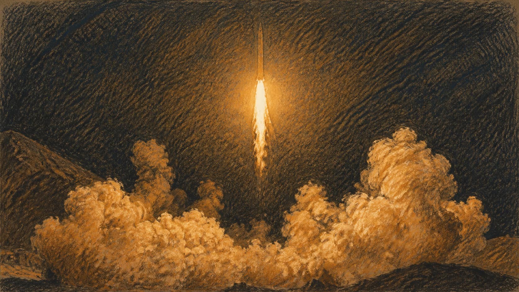 Courtroom-sketch editorial illustration of a missile launching vertically into a dark night sky above rugged ridgelines and billowing orange smoke, rendered in warm ochre and slate-blue pastel strokes.