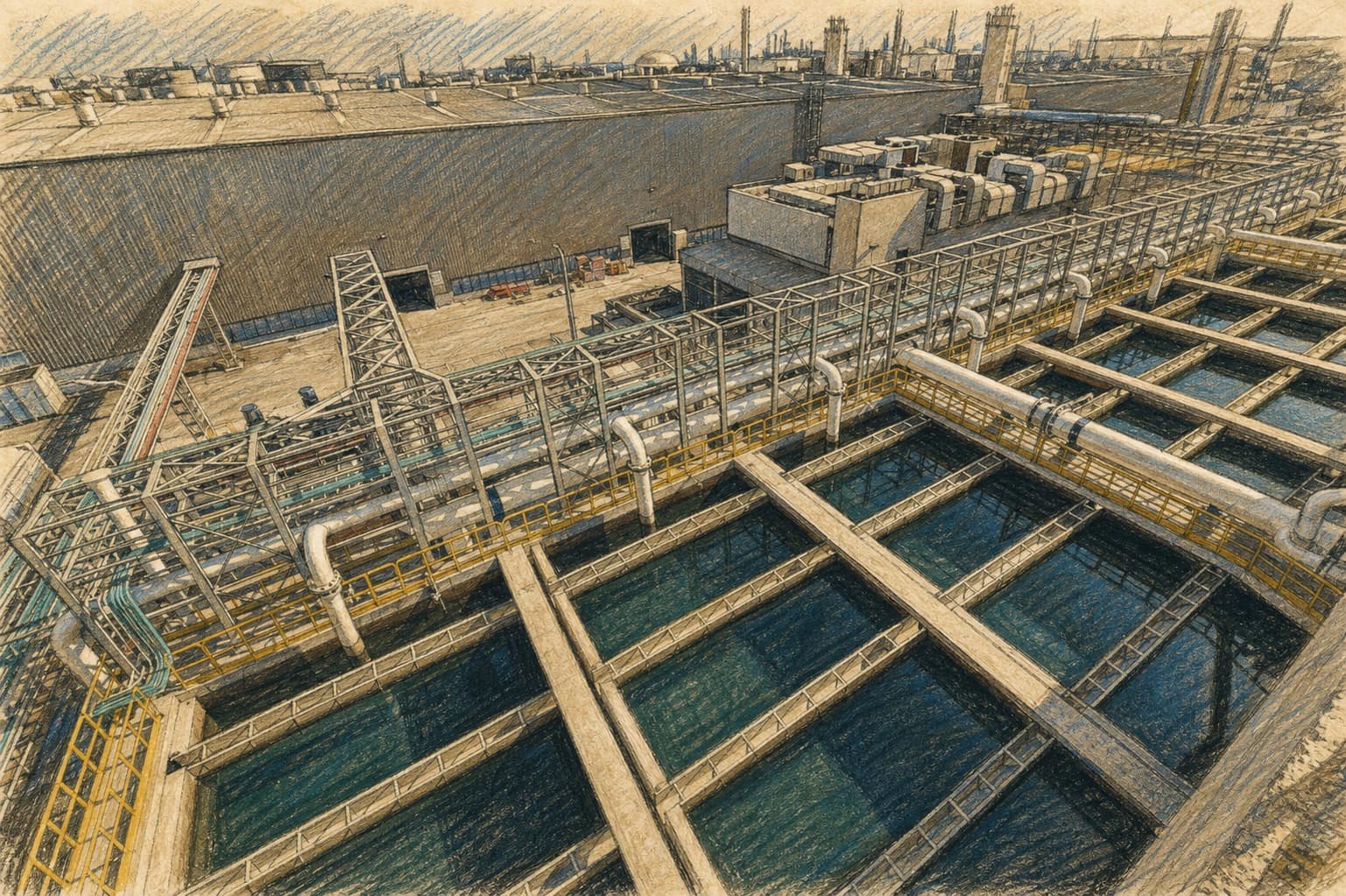 Courtroom-sketch editorial illustration of rectangular water-treatment basins, dense pipework, railings, and processing buildings at an Israeli desalination plant, rendered in warm ochre and slate-blue pastel strokes.