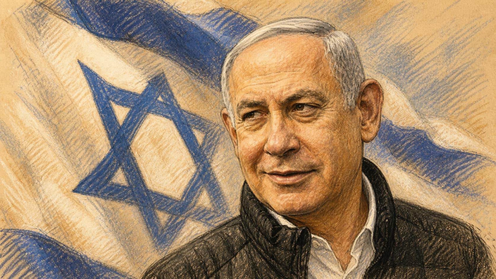 Courtroom-sketch editorial illustration of Benjamin Netanyahu in a black jacket before a softly waving Israeli flag, rendered in warm ochre and slate-blue pastel strokes.