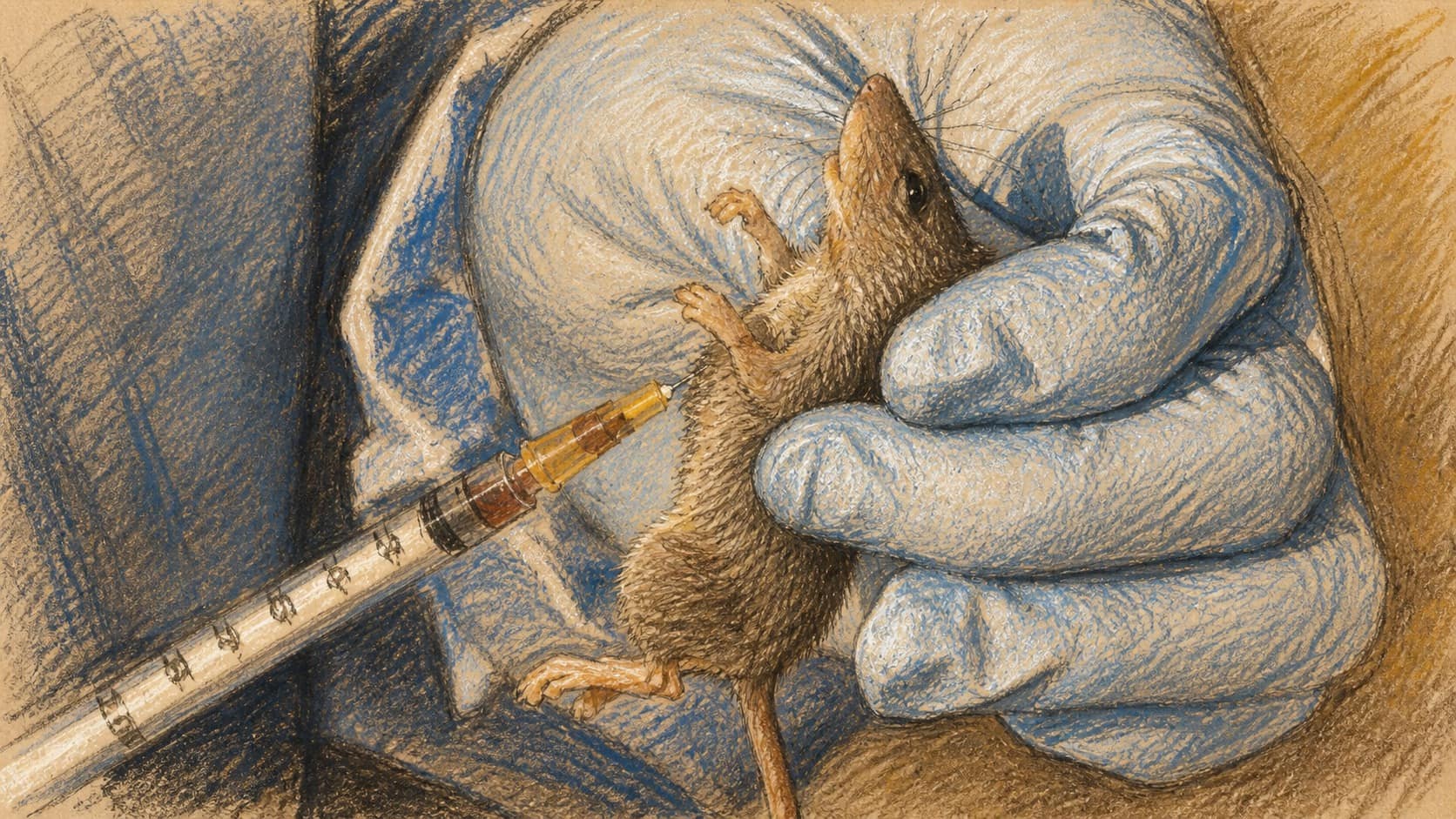 Courtroom-sketch editorial illustration of a blue-gloved laboratory worker holding a small brown rodent while positioning a syringe beside it, rendered in warm ochre and slate-blue pastel strokes.