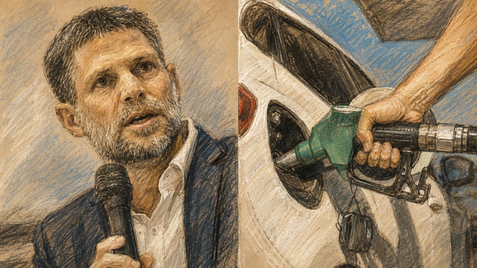 Courtroom-sketch editorial illustration of Bezalel Smotrich speaking into a handheld microphone beside a hand refueling a white car with a green fuel nozzle, rendered in warm ochre and slate-blue pastel strokes.
