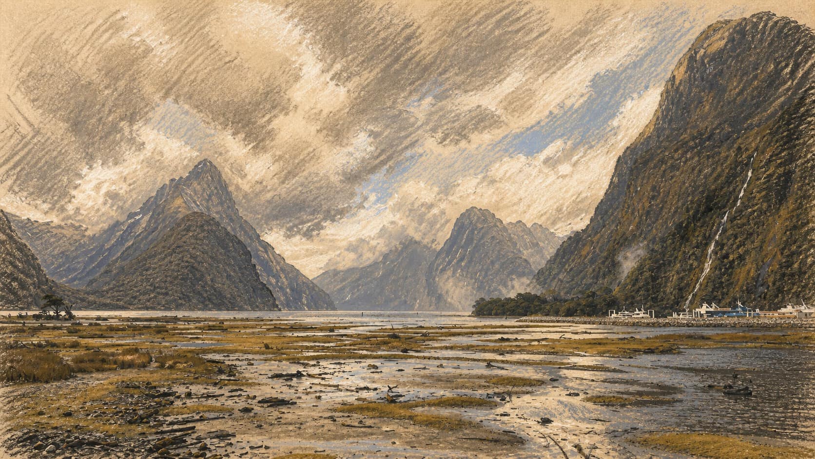 Courtroom-sketch editorial illustration of tidal flats and water leading toward Milford Sound's steep mountains beneath a cloudy sky, rendered in warm ochre and slate-blue pastel strokes.