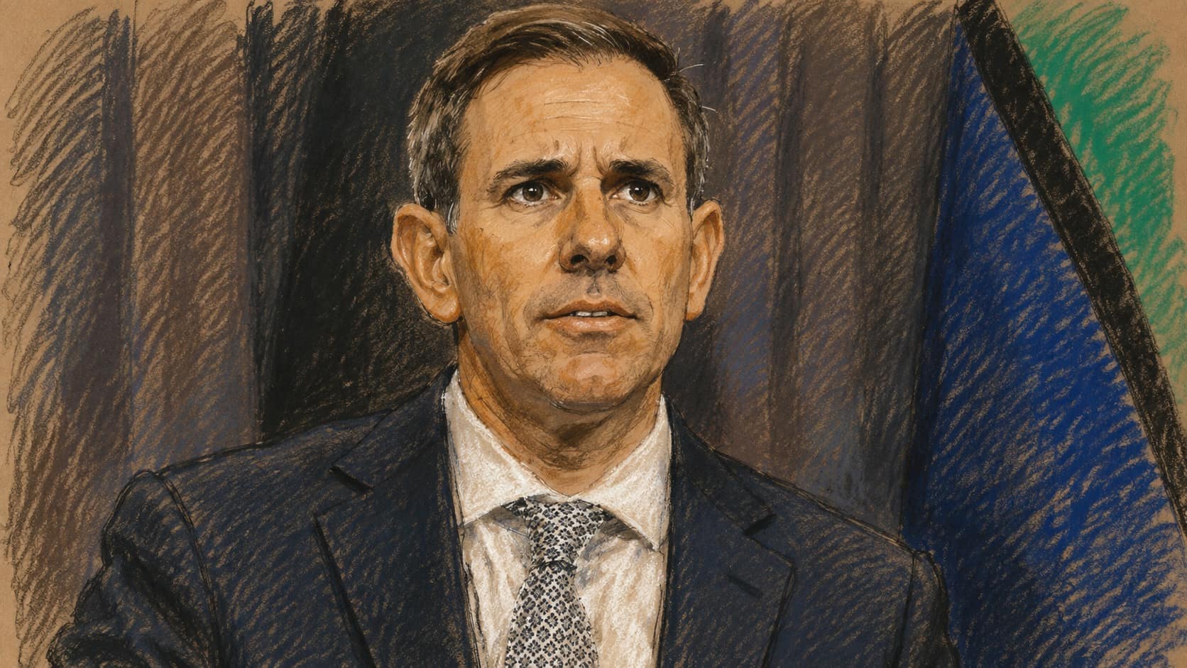 Courtroom-sketch editorial illustration of Australian Treasurer Jim Chalmers at a press conference in a dark suit and patterned tie, framed by dark curtains and part of an Australian flag, rendered in warm ochre and slate-blue pastel strokes.