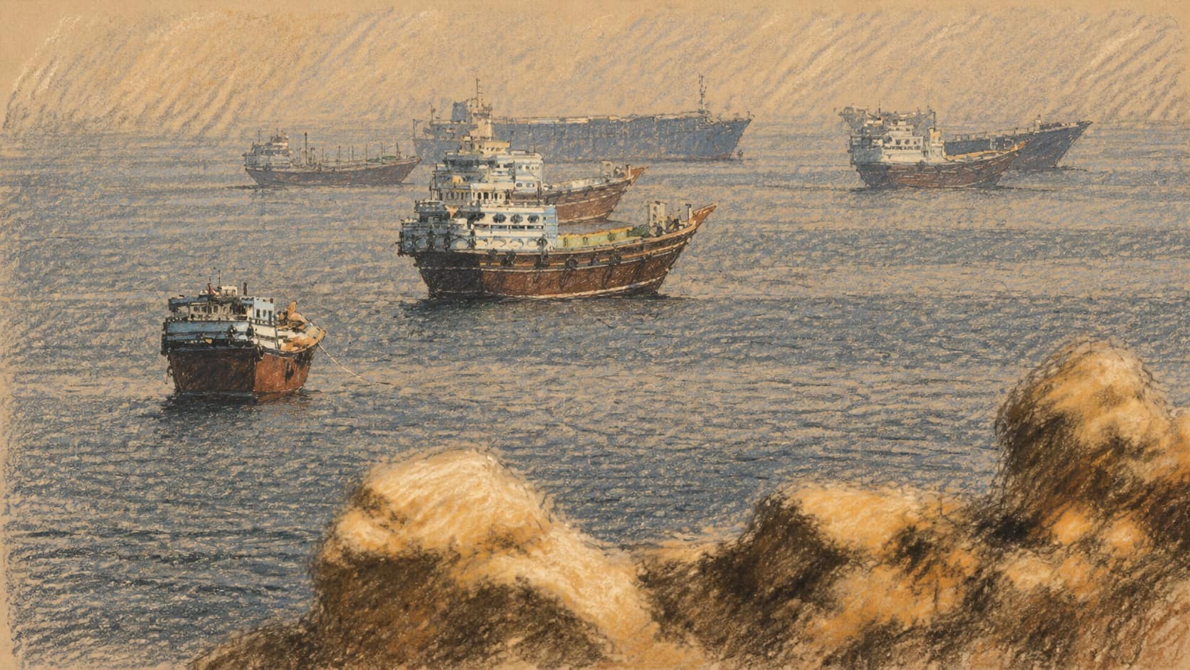 Courtroom-sketch editorial illustration of several oil tankers and cargo vessels crossing hazy waters beyond an ochre rocky shoreline, rendered in warm ochre and slate-blue pastel strokes.
