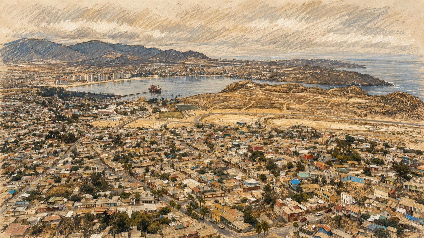 Courtroom-sketch editorial illustration of an aerial panorama of Coquimbo city and port, with dense low-rise homes, a curving bay and harbor, and dry coastal hills, rendered in warm ochre and slate-blue pastel strokes.