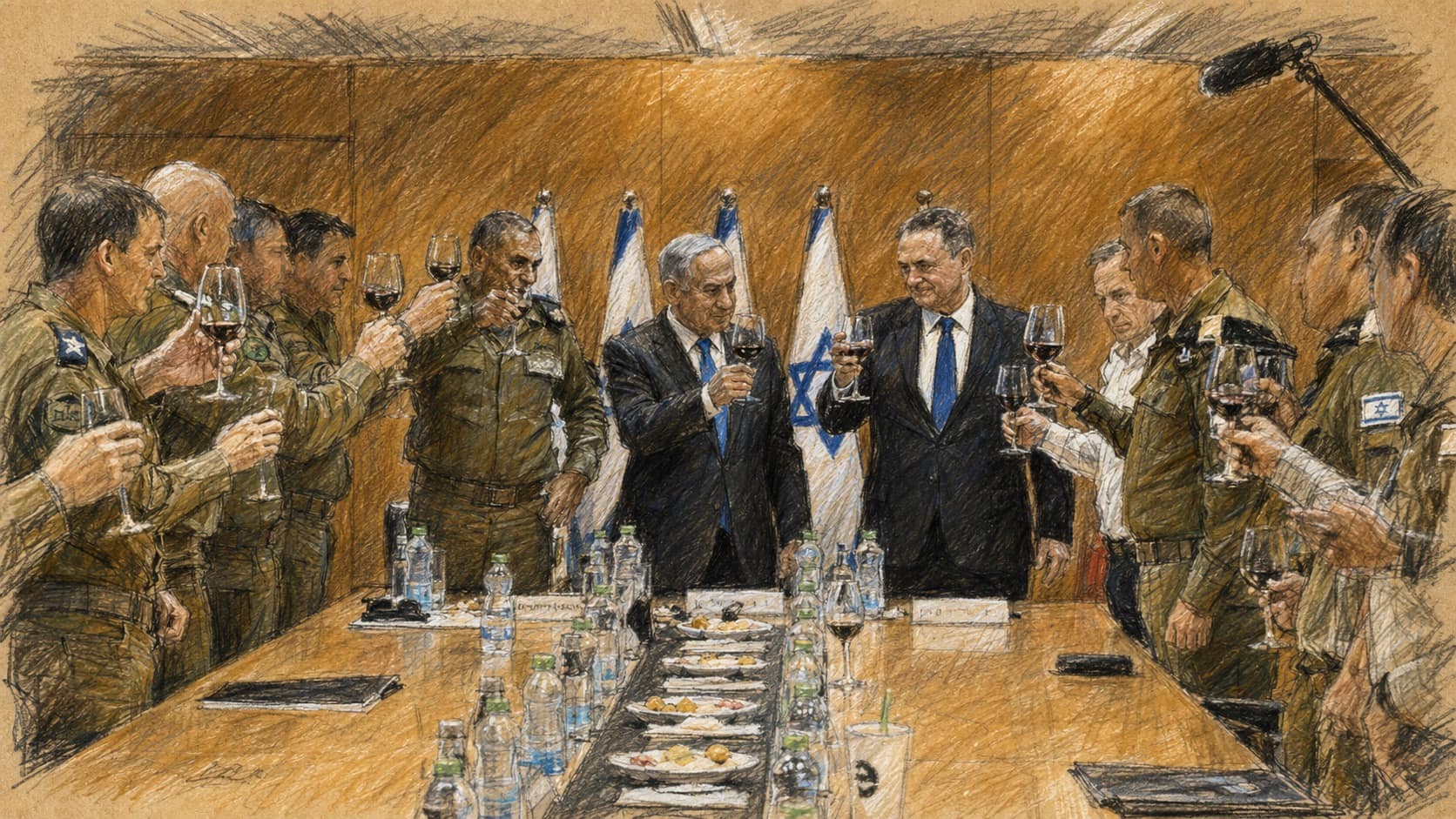 Courtroom-sketch editorial illustration of Benjamin Netanyahu standing at a conference table as Israeli military officers and officials on both sides raise glasses in a toast, rendered in warm ochre and slate-blue pastel strokes.