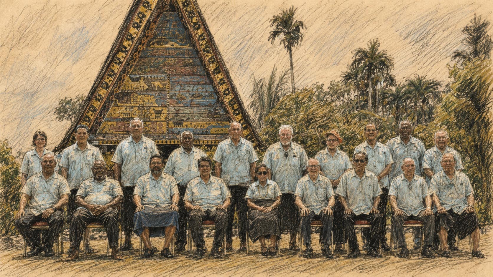 Courtroom-sketch editorial illustration of Pacific national leaders in matching pale-blue shirts arranged in two rows before a traditional steep-roofed meeting house and tropical palms, rendered in warm ochre and slate-blue pastel strokes.
