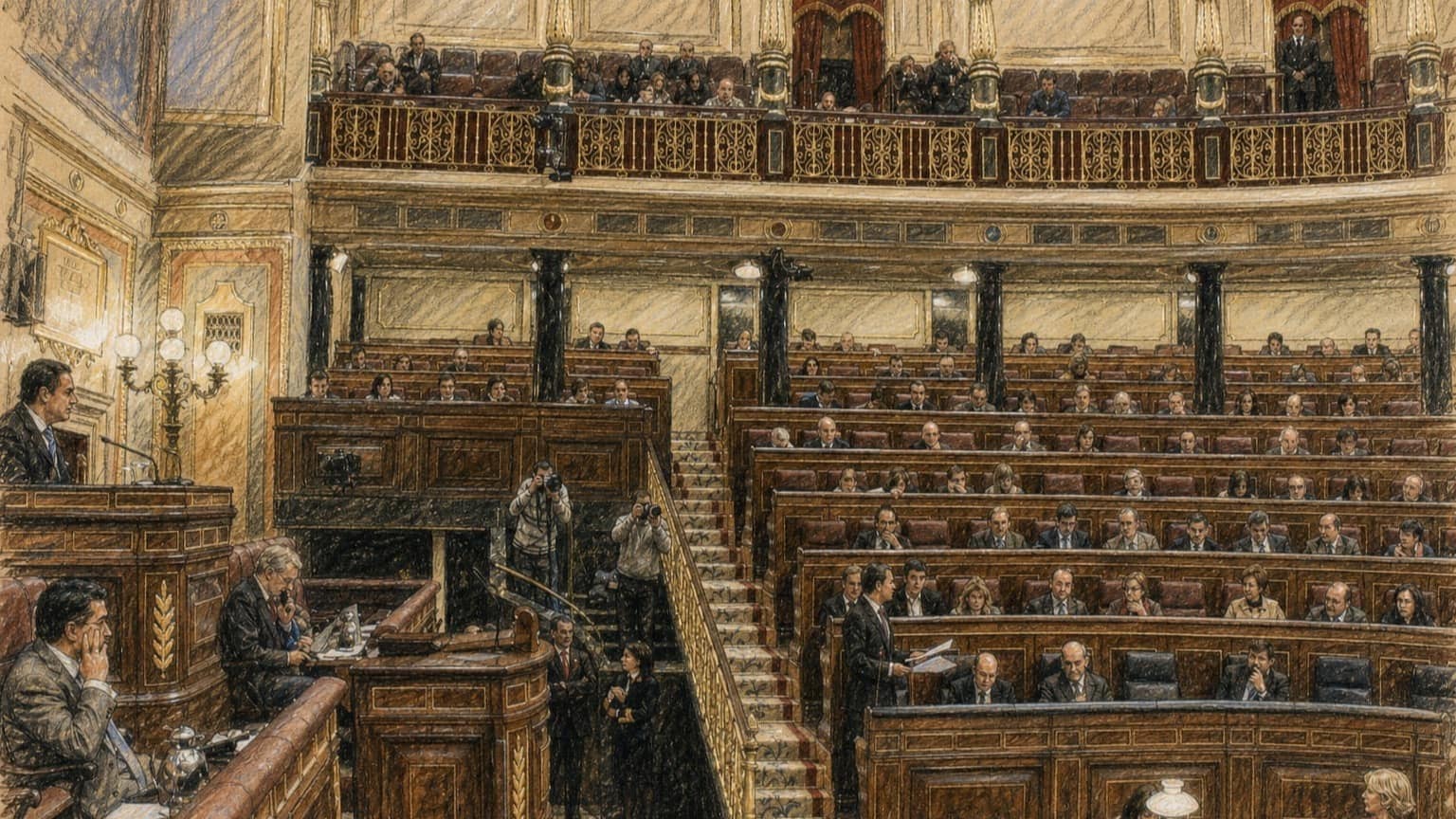 Courtroom-sketch editorial illustration of Spain's Congress of Deputies chamber during a parliamentary session, with a speaker at the lectern and lawmakers seated across tiered wooden benches, rendered in warm ochre and slate-blue pastel strokes.