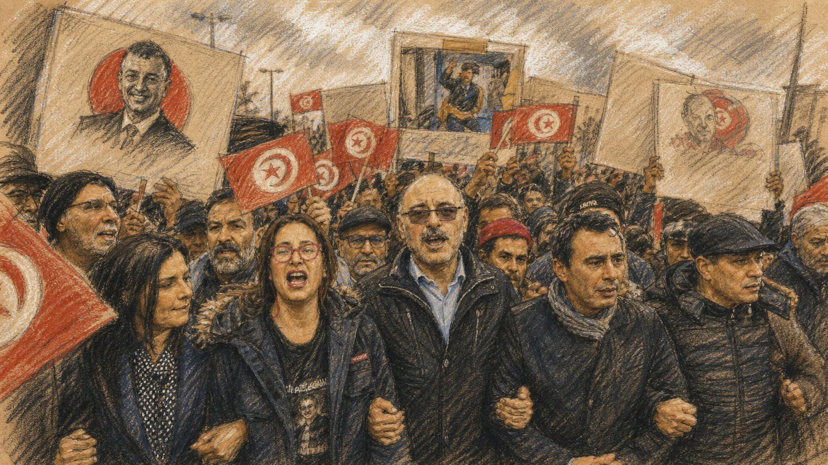 Courtroom-sketch editorial illustration of Tunisian opposition figures and supporters marching shoulder-to-shoulder with flags and portrait placards, rendered in warm ochre and slate-blue pastel strokes.
