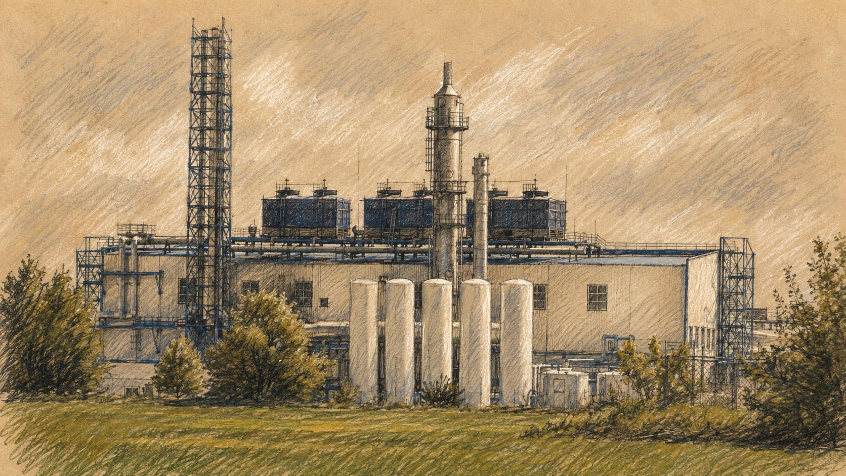 Courtroom-sketch editorial illustration of Coca-Cola Journey Ukraine's industrial combined heat-and-power facility, with a long factory building, tall lattice tower and smokestacks, rooftop cooling units, white cylindrical tanks, and a green field, rendered in warm ochre and slate-blue pastel strokes.