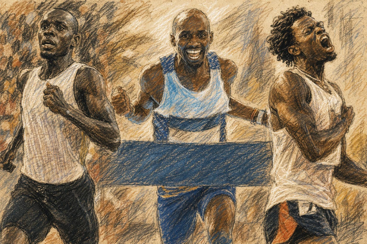 Courtroom-sketch editorial illustration of three elite male runners in a triptych montage, with the center athlete smiling as he breaks the finish tape, rendered in warm ochre and slate-blue pastel strokes.