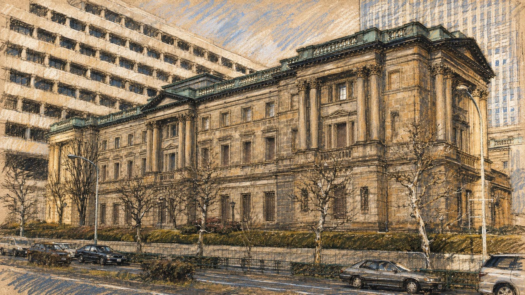 Courtroom-sketch editorial illustration of the historic Bank of Japan headquarters framed by modern office blocks and cars along the street, rendered in warm ochre and slate-blue pastel strokes.