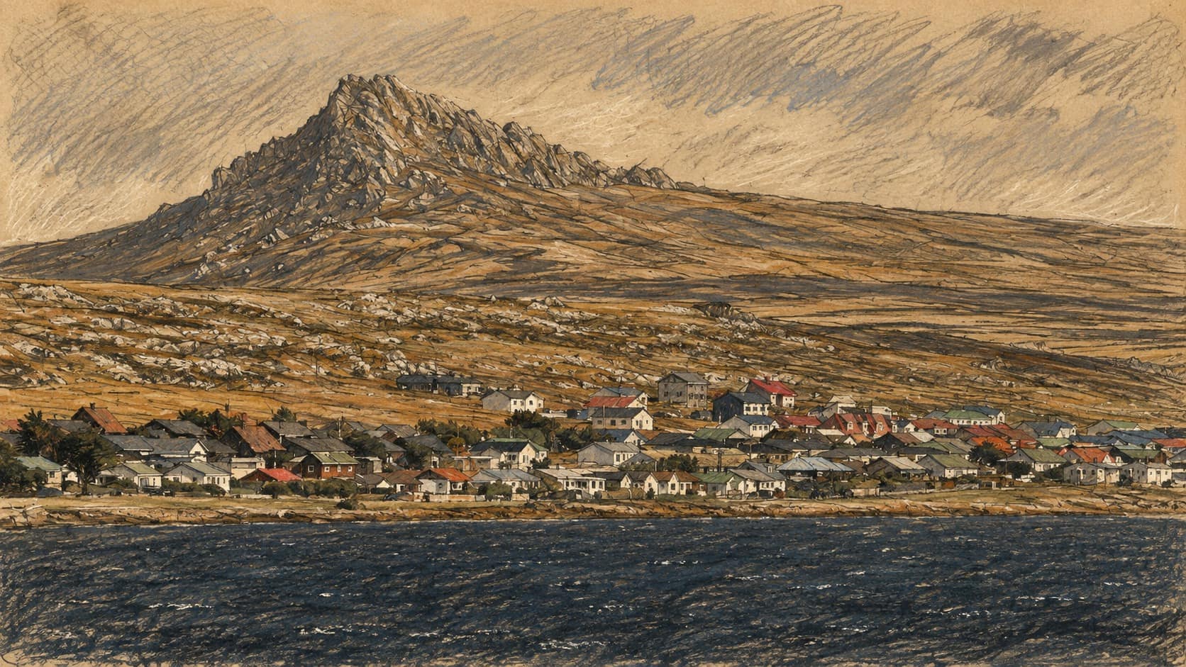 Courtroom-sketch editorial illustration of Stanley's waterfront settlement beneath a rocky Falklands ridge, viewed across dark blue water and rendered in warm ochre and slate-blue pastel strokes.
