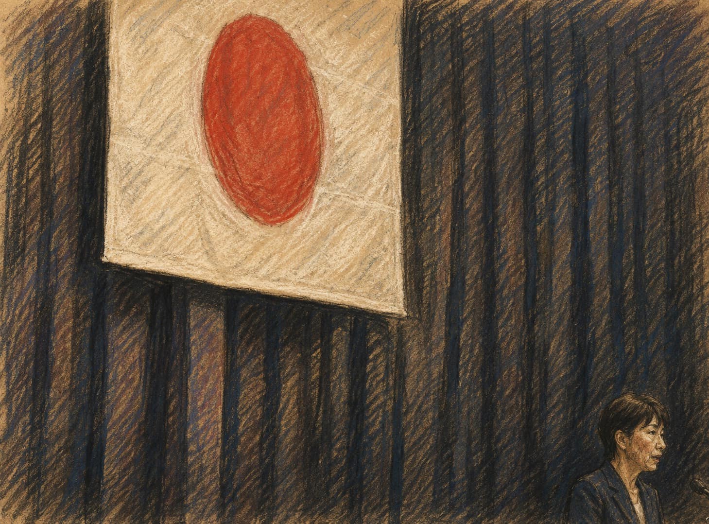 Courtroom-sketch editorial illustration of Japan’s flag hanging above dark stage curtains while Prime Minister Sanae Takaichi speaks at a microphone from the lower-right edge, rendered in warm ochre and slate-blue pastel strokes.