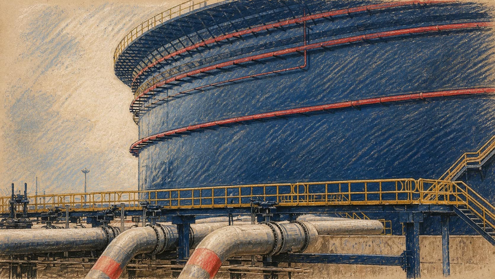 Courtroom-sketch editorial illustration of a massive blue crude-oil storage tank with red ring pipes, a yellow catwalk, and industrial pipelines in the foreground, rendered in warm ochre and slate-blue pastel strokes.