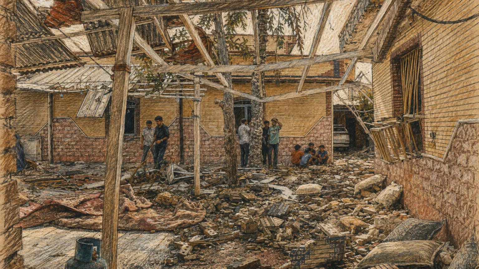 Courtroom-sketch editorial illustration of a bomb-damaged residential courtyard with collapsed roofing, scattered rubble and household debris, and several people surveying the destruction, rendered in warm ochre and slate-blue pastel strokes.