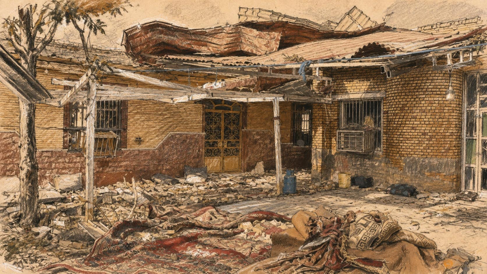 Courtroom-sketch editorial illustration of a bomb-damaged brick residential courtyard with collapsed corrugated roofing, shattered windows, scattered rubble, and rumpled carpets in the foreground, rendered in warm ochre and slate-blue pastel strokes.