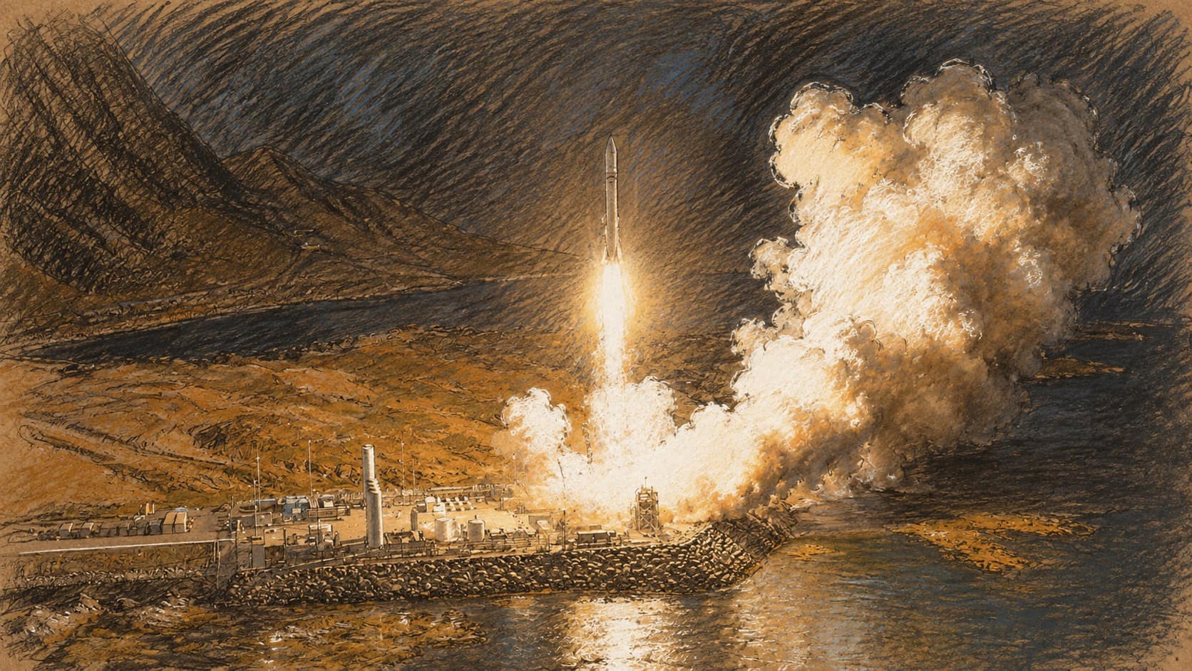 Courtroom-sketch editorial illustration of a rocket ascending from a coastal launch pad at night, with a bright exhaust flame and a large illuminated smoke cloud above dark mountains and reflective water, rendered in warm ochre and slate-blue pastel strokes.