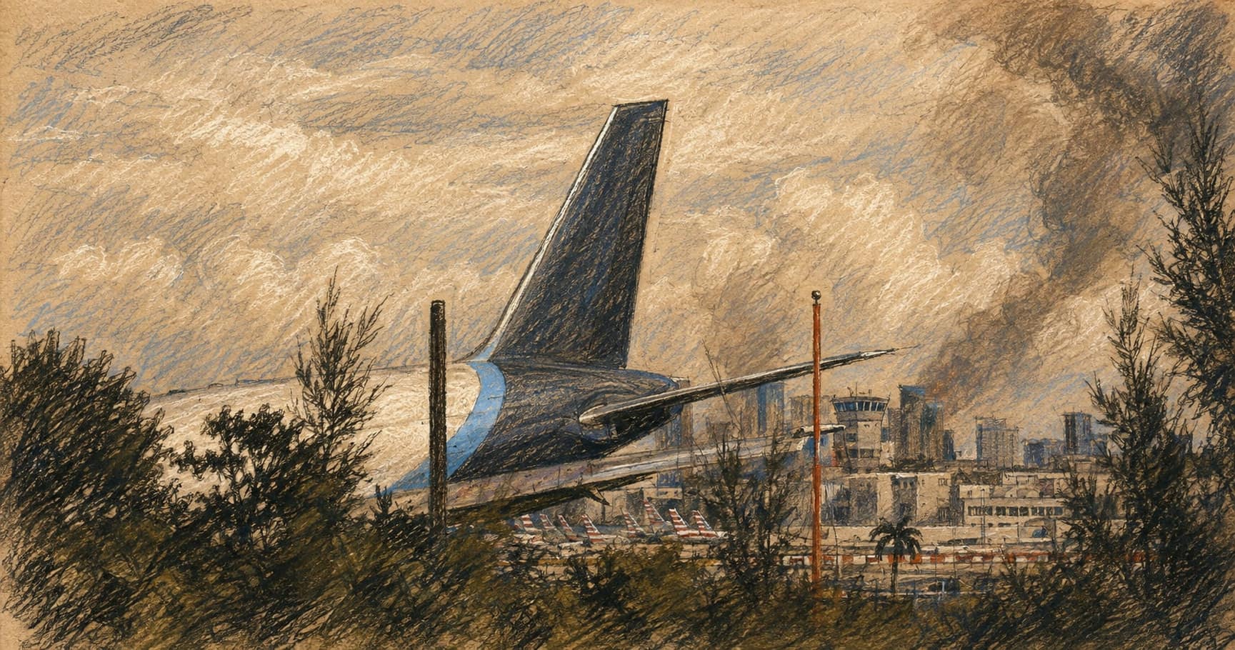 Courtroom-sketch editorial illustration of a damaged cargo aircraft's tail beyond dark foreground foliage, with smoke rising over Miami airport buildings and parked aircraft, rendered in warm ochre and slate-blue pastel strokes.