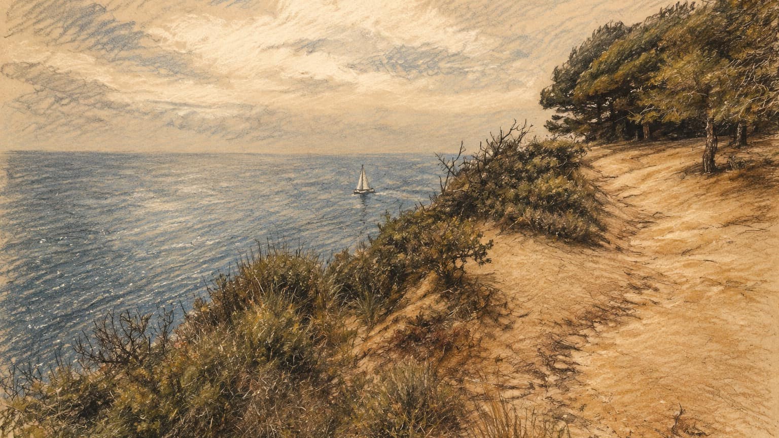 Courtroom-sketch editorial illustration of a coastal path overlooking the Mediterranean Sea on Spain's Costa Brava, with a small white sailboat offshore, rendered in warm ochre and slate-blue pastel strokes.