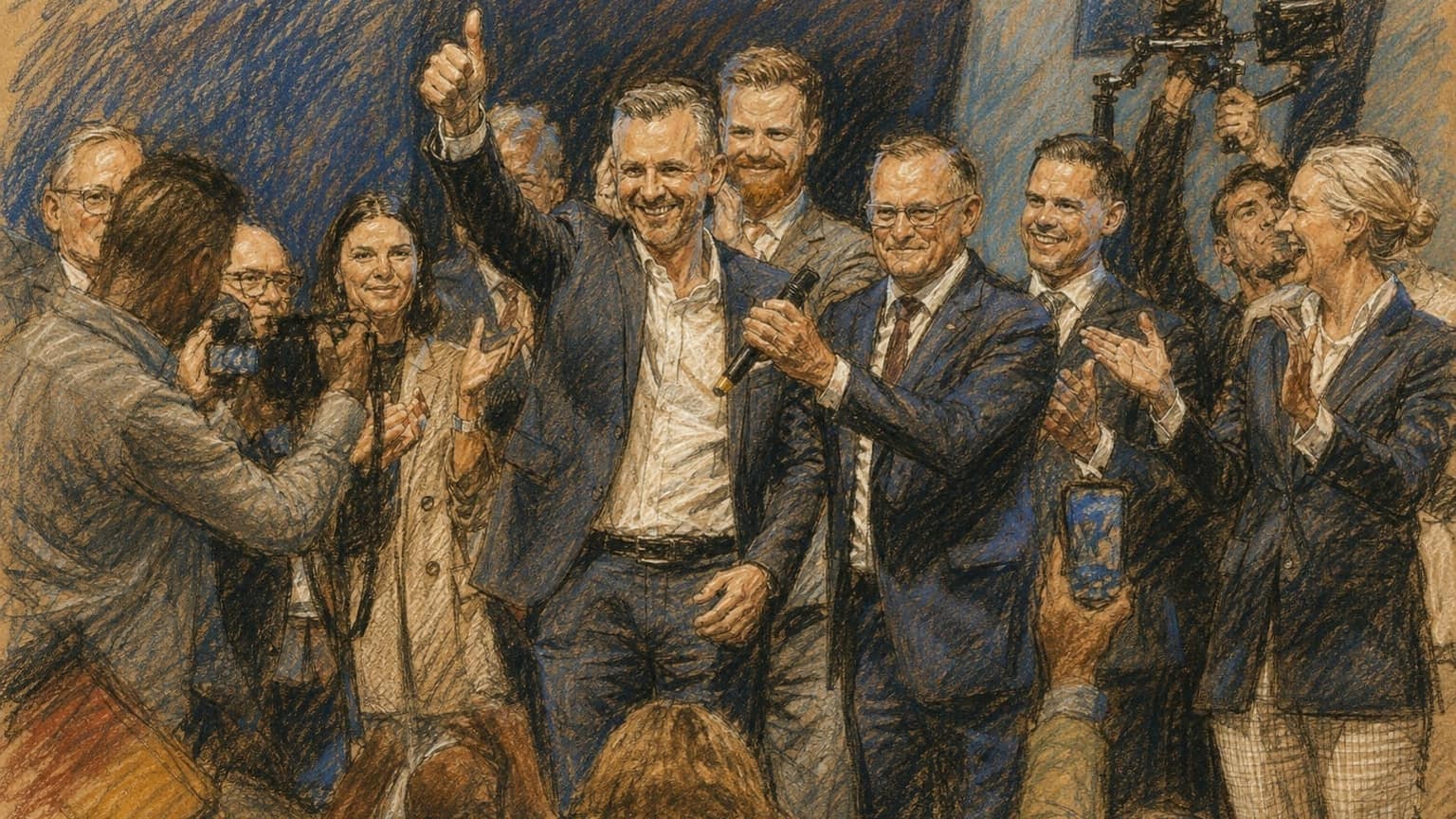 Courtroom-sketch editorial illustration of a suited politician giving a thumbs-up at center stage while supporters applaud and press photographers document the election-night gathering, rendered in warm ochre and slate-blue pastel strokes.