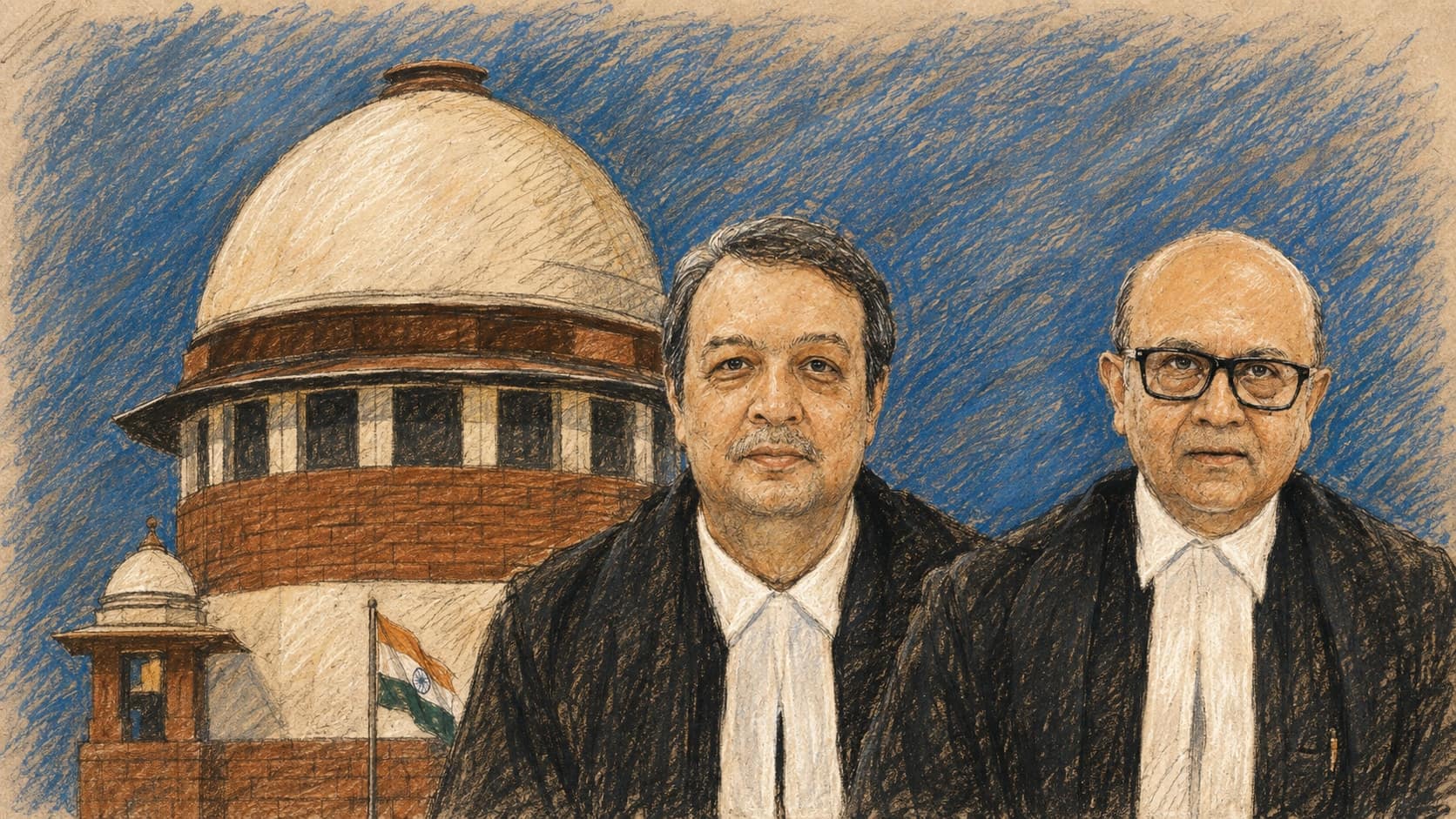 Courtroom-sketch editorial illustration of two Supreme Court of India justices in black judicial robes before the court’s domed building, rendered in warm ochre and slate-blue pastel strokes.