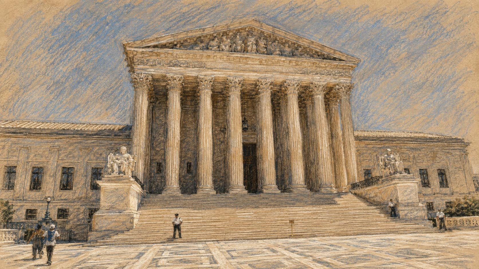 Courtroom-sketch editorial illustration of the United States Supreme Court’s front portico, broad steps, and marble forecourt beneath a blue sky, rendered in warm ochre and slate-blue pastel strokes.
