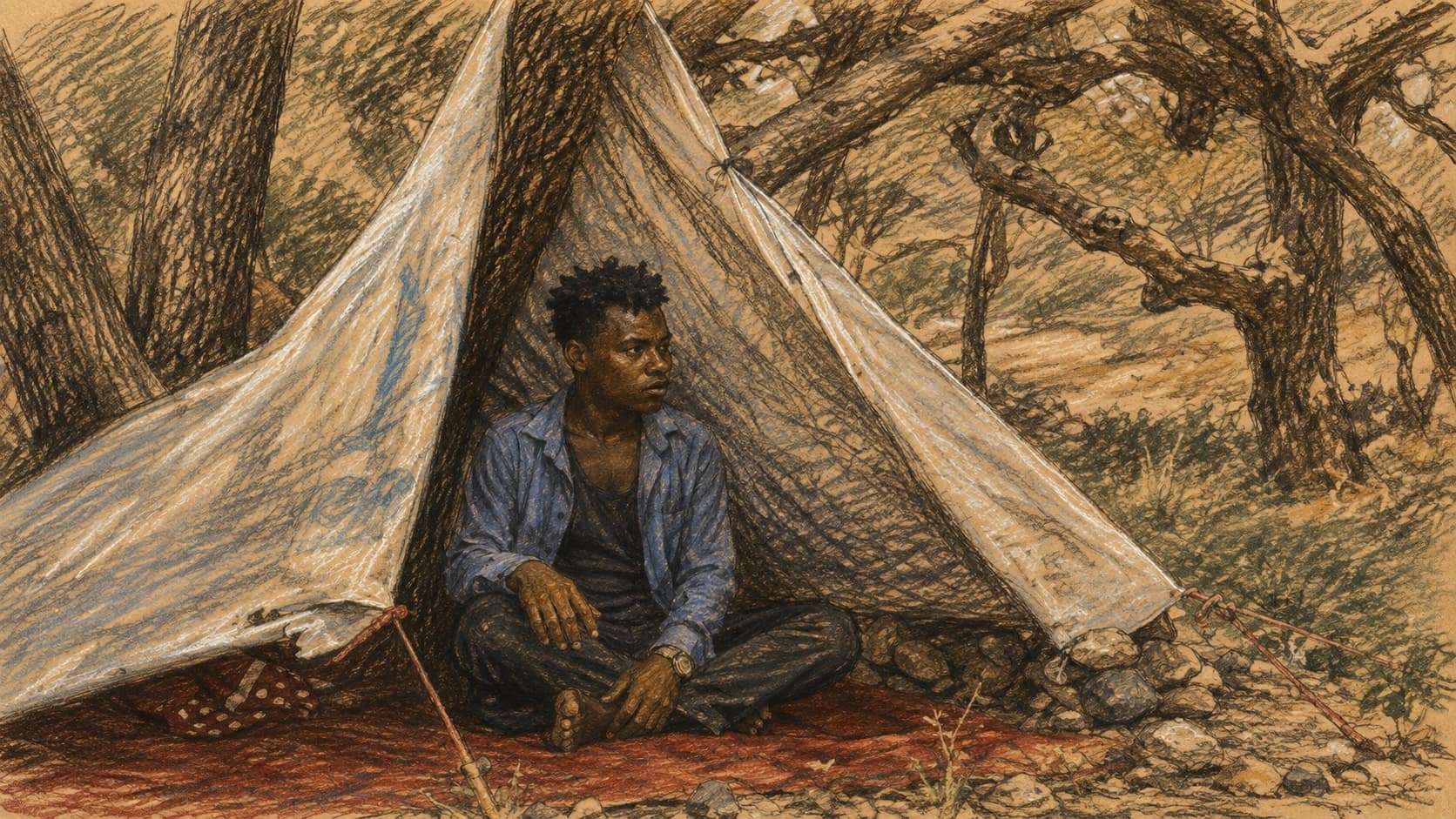 Courtroom-sketch editorial illustration of a displaced Yemeni man seated inside a makeshift tarp shelter beneath broad tree branches, rendered in warm ochre and slate-blue pastel strokes.