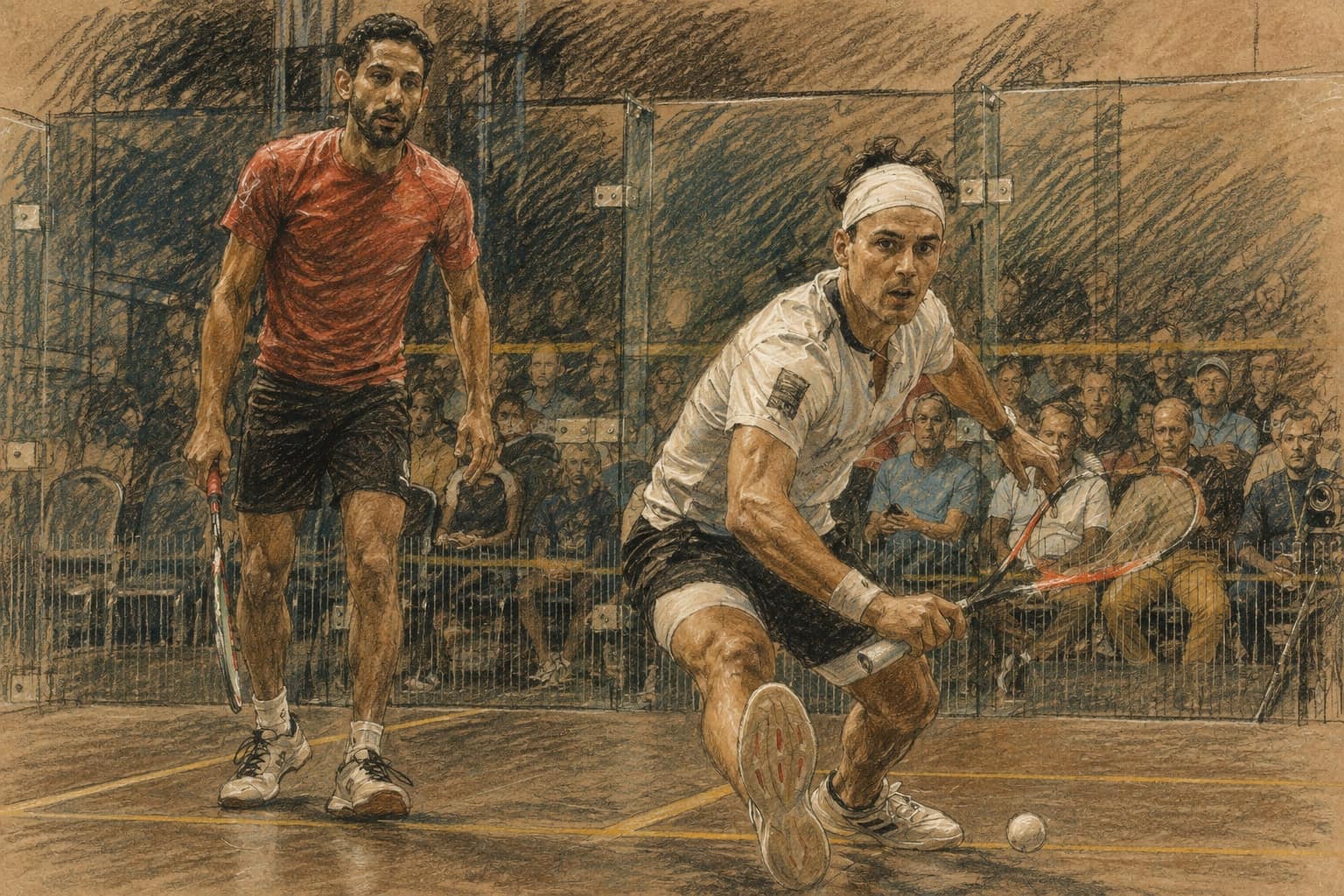 Courtroom-sketch editorial illustration of New Zealand squash player Paul Coll lunging toward the ball in the foreground while Tarek Momen stands behind him inside a glass-walled tournament court, rendered in warm ochre and slate-blue pastel strokes.