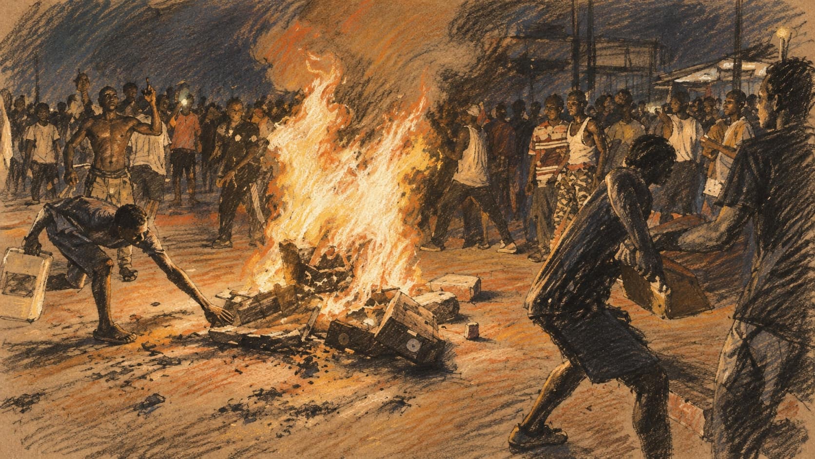 Courtroom-sketch editorial illustration of nighttime protesters gathered around a burning pile in a Gambian street, rendered in warm ochre and slate-blue pastel strokes.