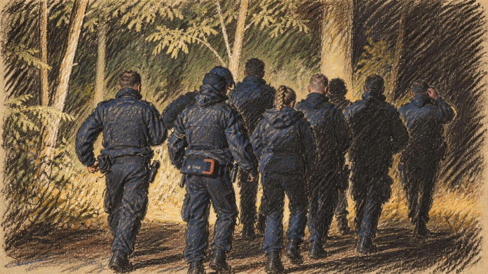 Courtroom-sketch editorial illustration of German police officers walking along a forest road at night during a search, rendered in warm ochre and slate-blue pastel strokes.