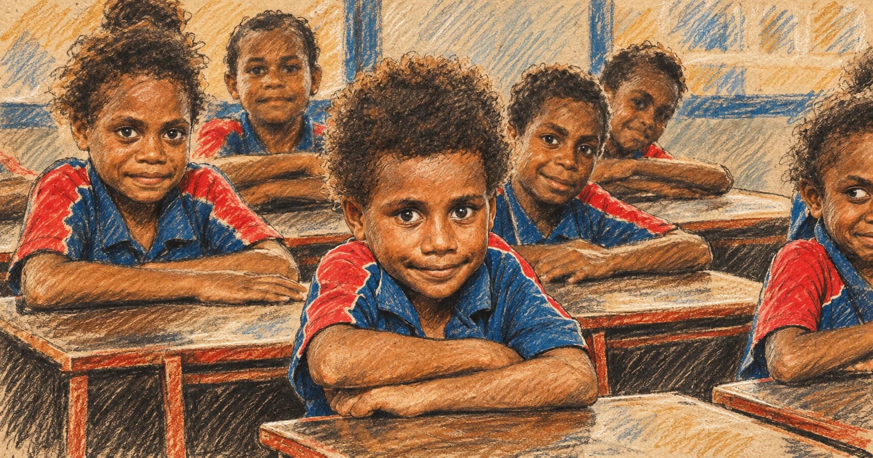 Courtroom-sketch editorial illustration of Pacific primary-school students seated at classroom desks, rendered in warm ochre and slate-blue pastel strokes.