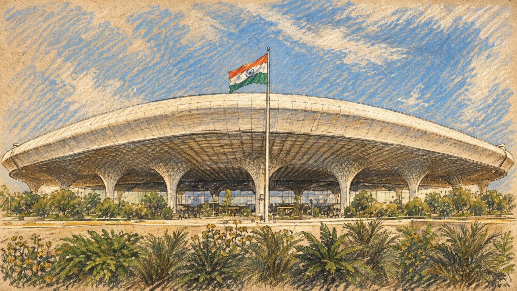 Courtroom-sketch editorial illustration of a sweeping modern airport terminal with an Indian flag centered above landscaped gardens, rendered in warm ochre and slate-blue pastel strokes.
