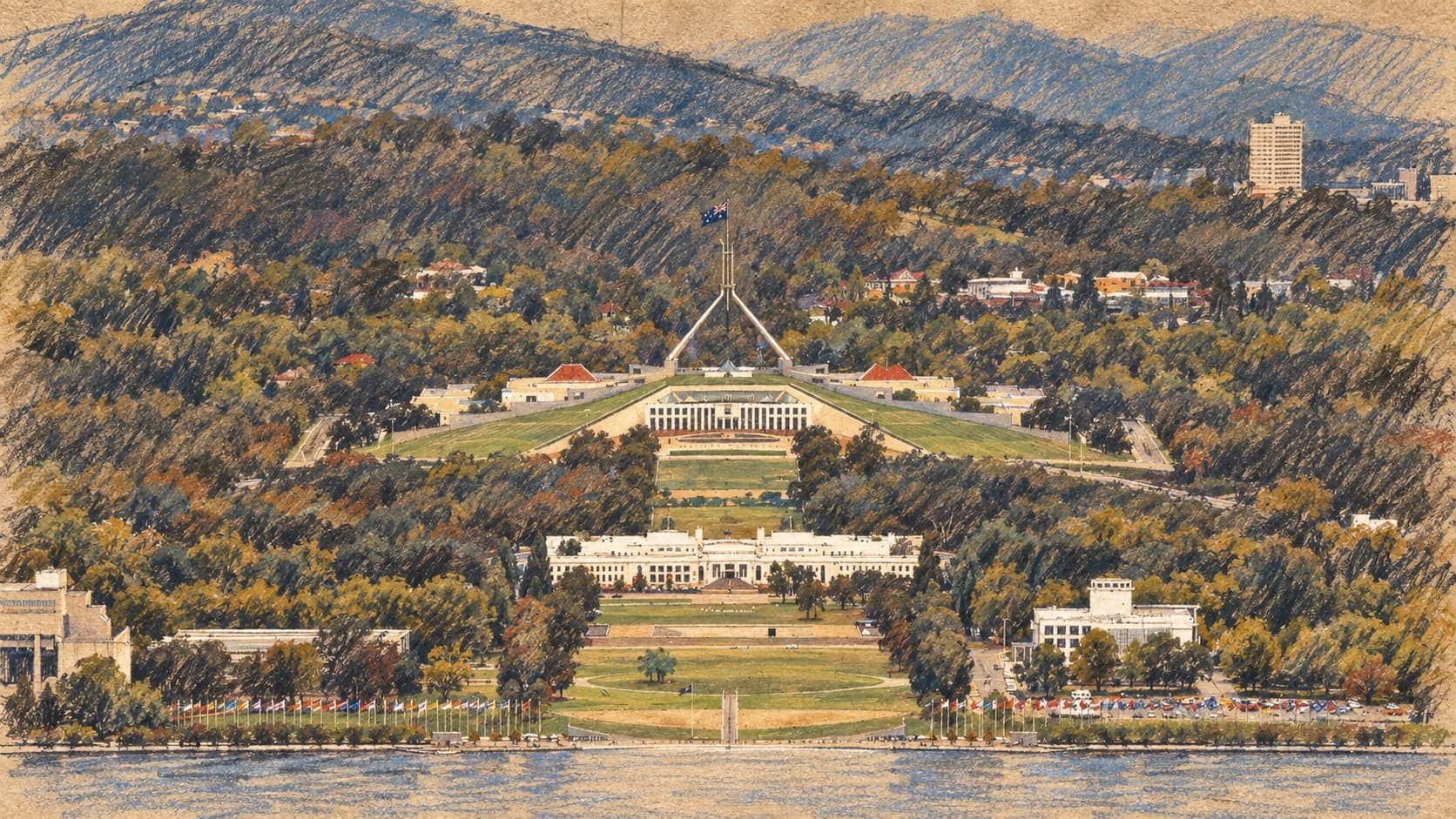 Courtroom-sketch editorial illustration of Old Parliament House and Australian Parliament House aligned beyond Lake Burley Griffin amid dense trees and distant hills, rendered in warm ochre and slate-blue pastel strokes.