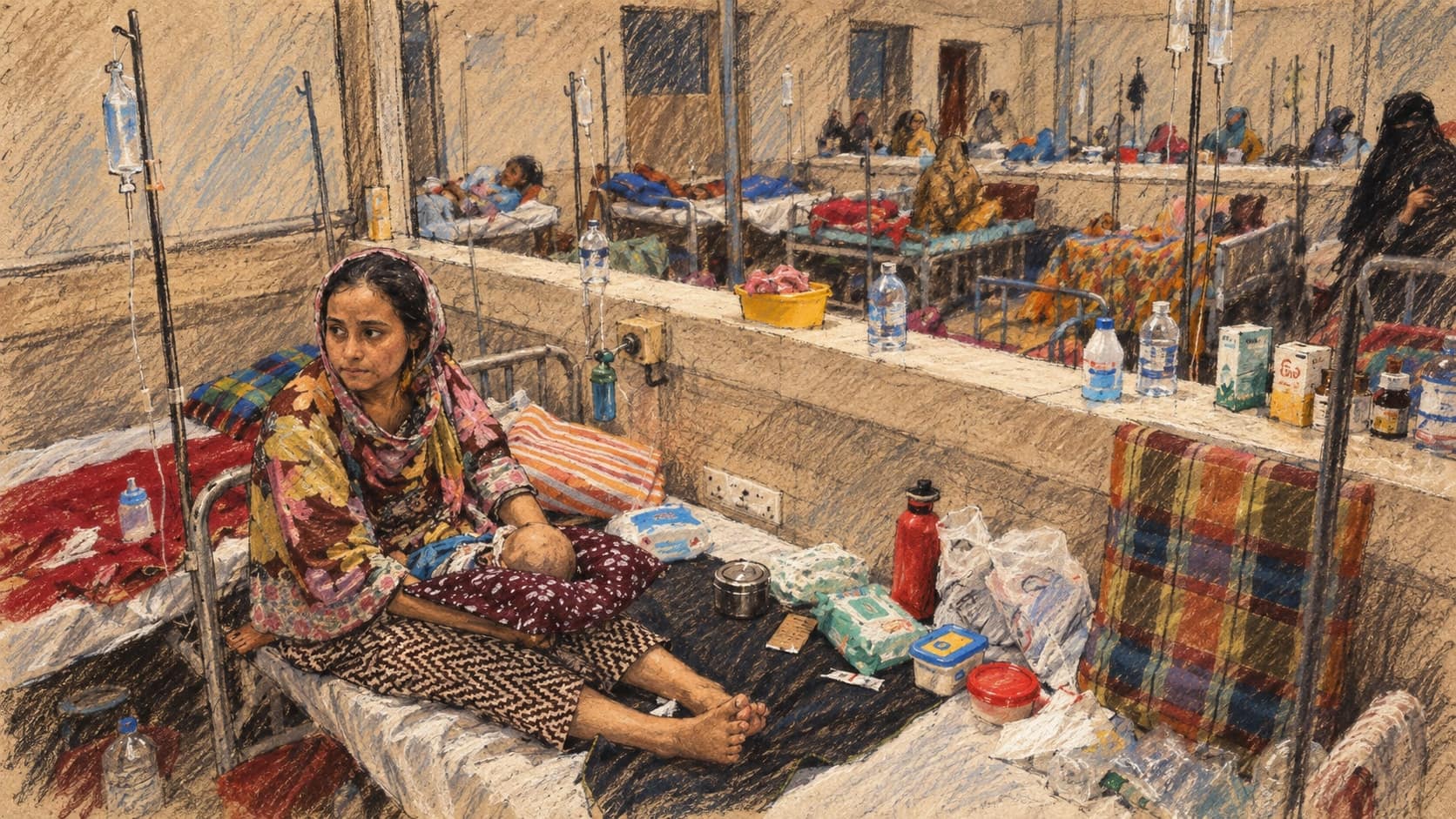 Courtroom-sketch editorial illustration of a young woman sitting cross-legged on a crowded hospital bed in a shared ward with patients and medicine supplies behind her, rendered in warm ochre and slate-blue pastel strokes.