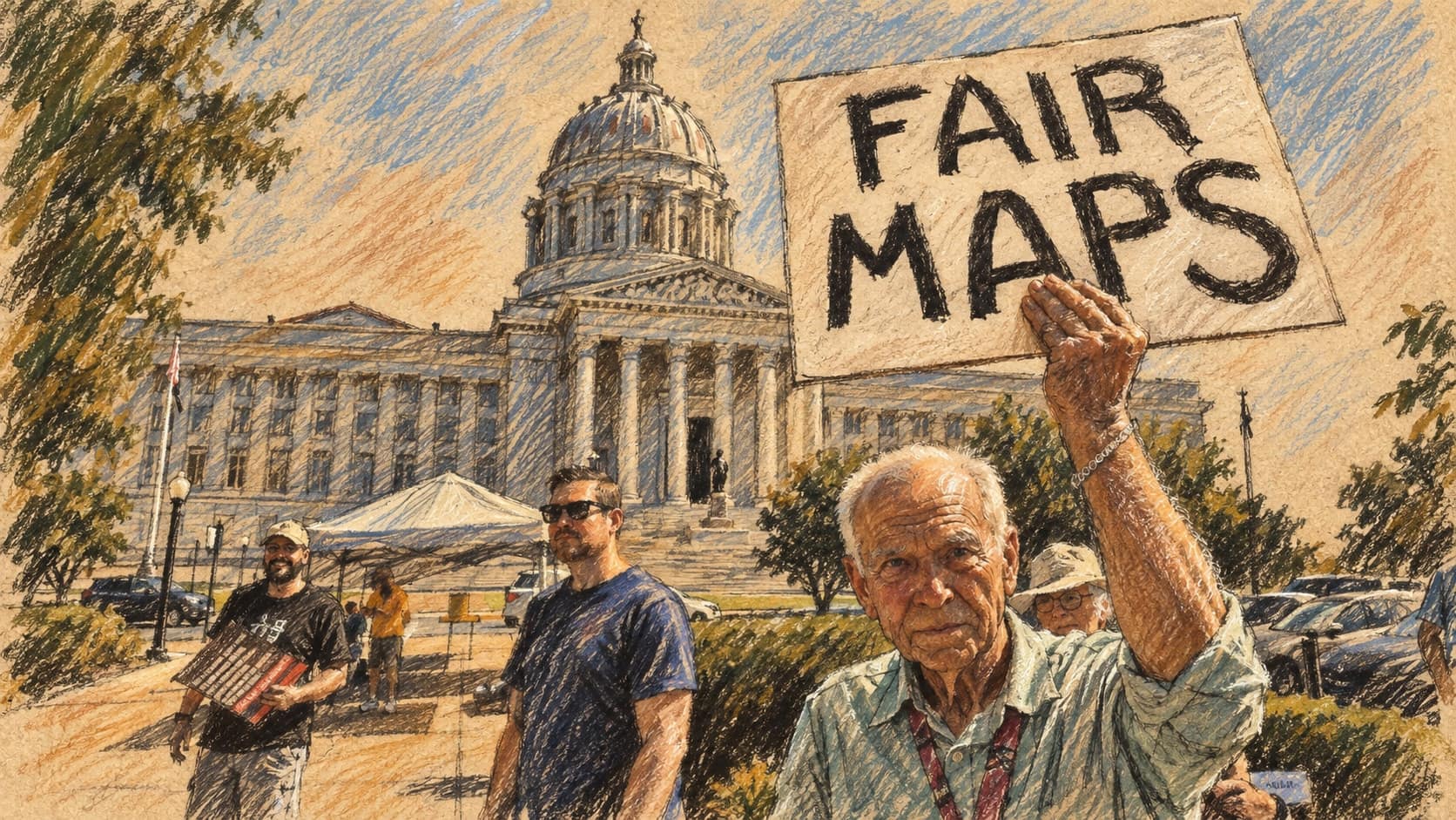 Courtroom-sketch editorial illustration of an elderly demonstrator raising a sign outside the Missouri State Capitol as several protesters stand behind him, rendered in warm ochre and slate-blue pastel strokes.