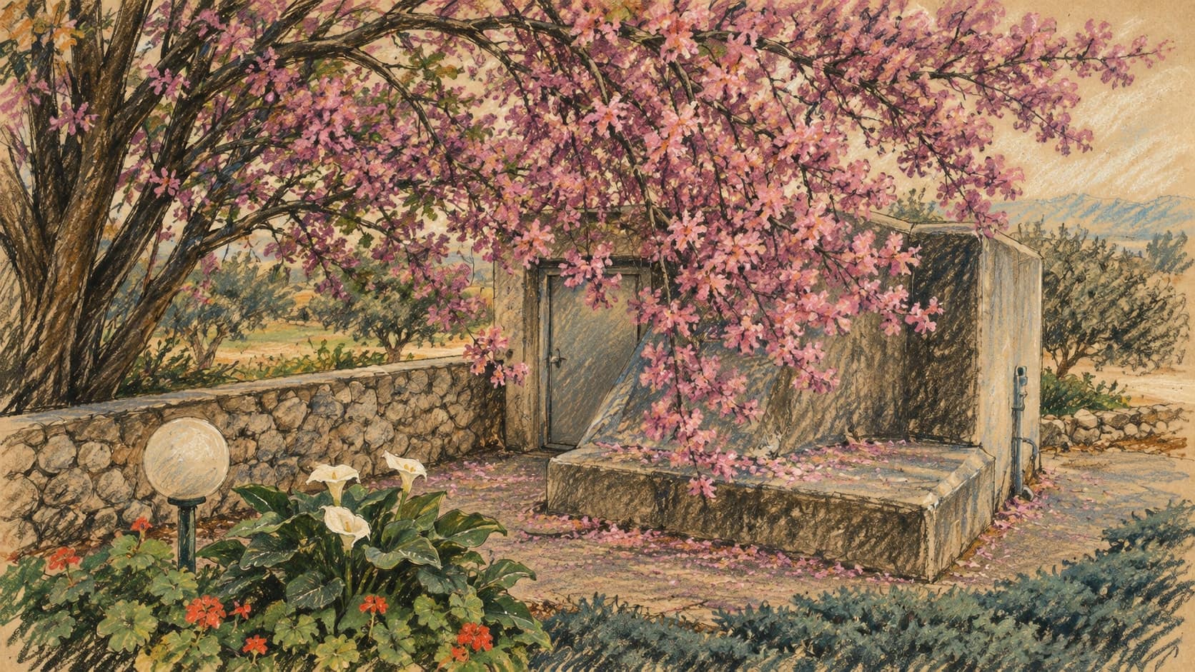 Courtroom-sketch editorial illustration of a flowering pink tree and garden framing the entrance to a concrete bomb shelter at Kibbutz Matzuva, rendered in warm ochre and slate-blue pastel strokes.