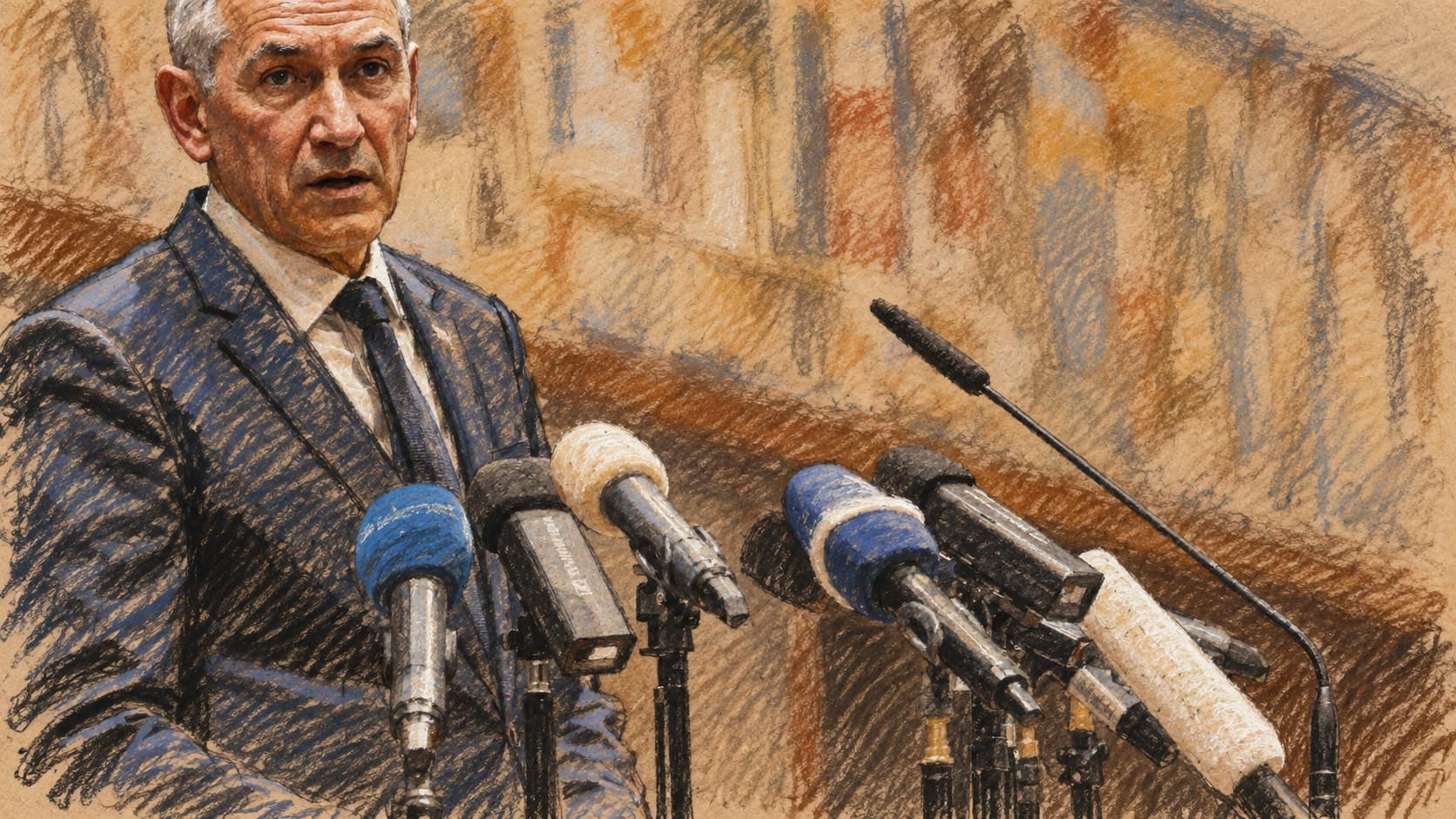Courtroom-sketch editorial illustration of Israeli Foreign Minister Gideon Sa'ar speaking at a cluster of press microphones, rendered in warm ochre and slate-blue pastel strokes.