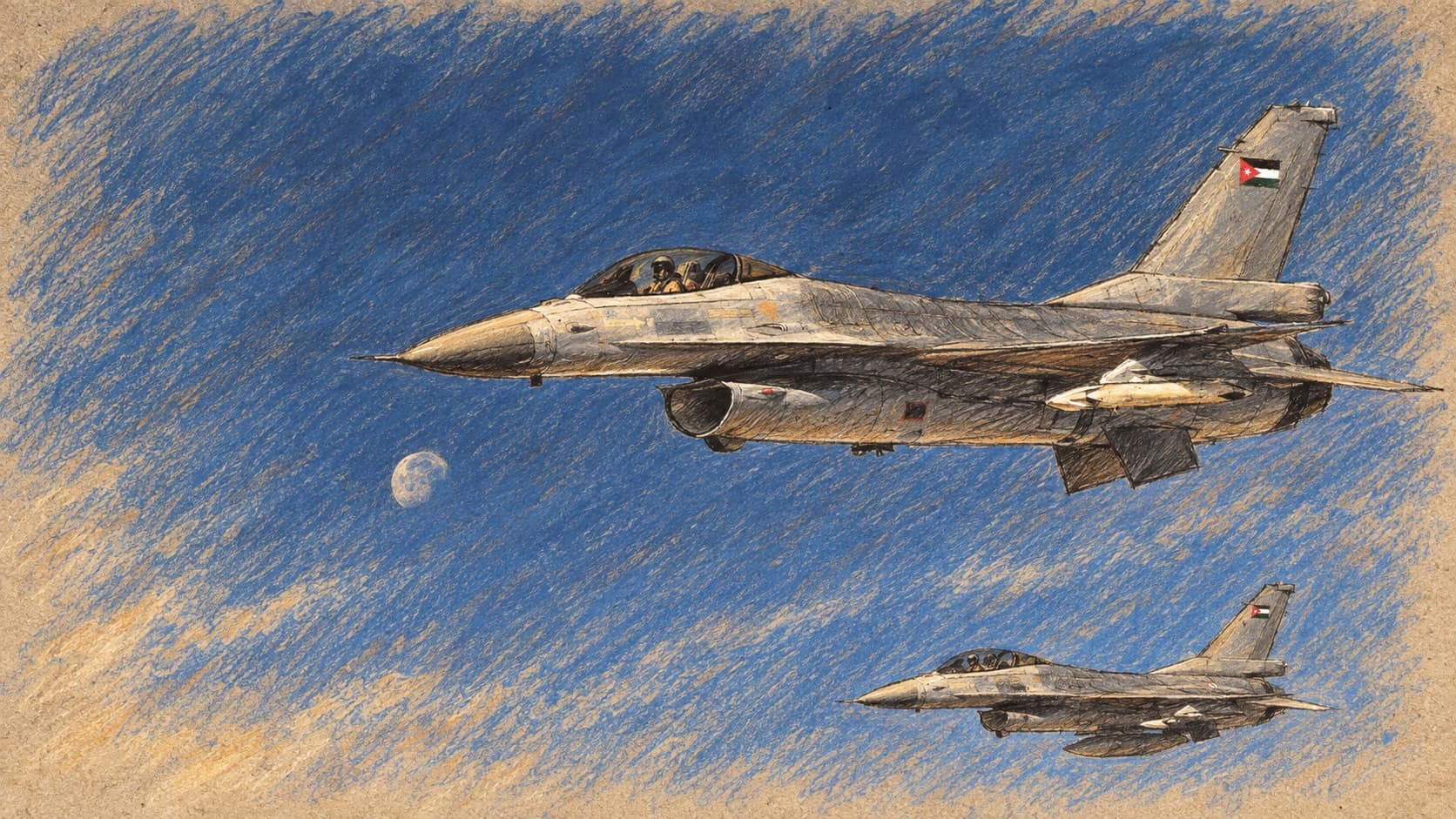 Courtroom-sketch editorial illustration of two Royal Jordanian Air Force F-16 jets flying in formation beneath a deep blue sky with the moon visible, rendered in warm ochre and slate-blue pastel strokes.
