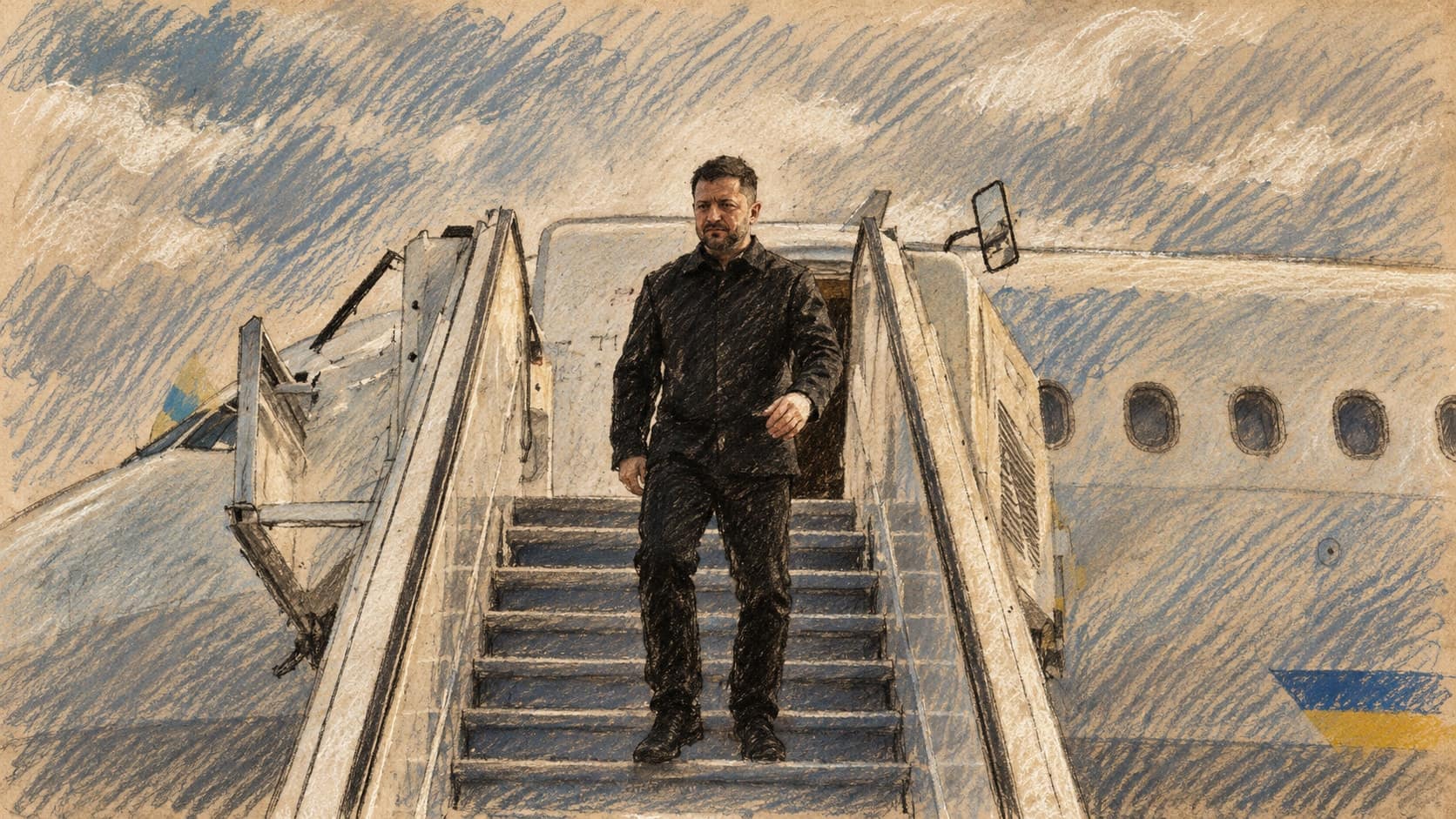 Courtroom-sketch editorial illustration of Volodymyr Zelenskyy descending an aircraft stairway beneath an overcast sky, rendered in warm ochre and slate-blue pastel strokes.