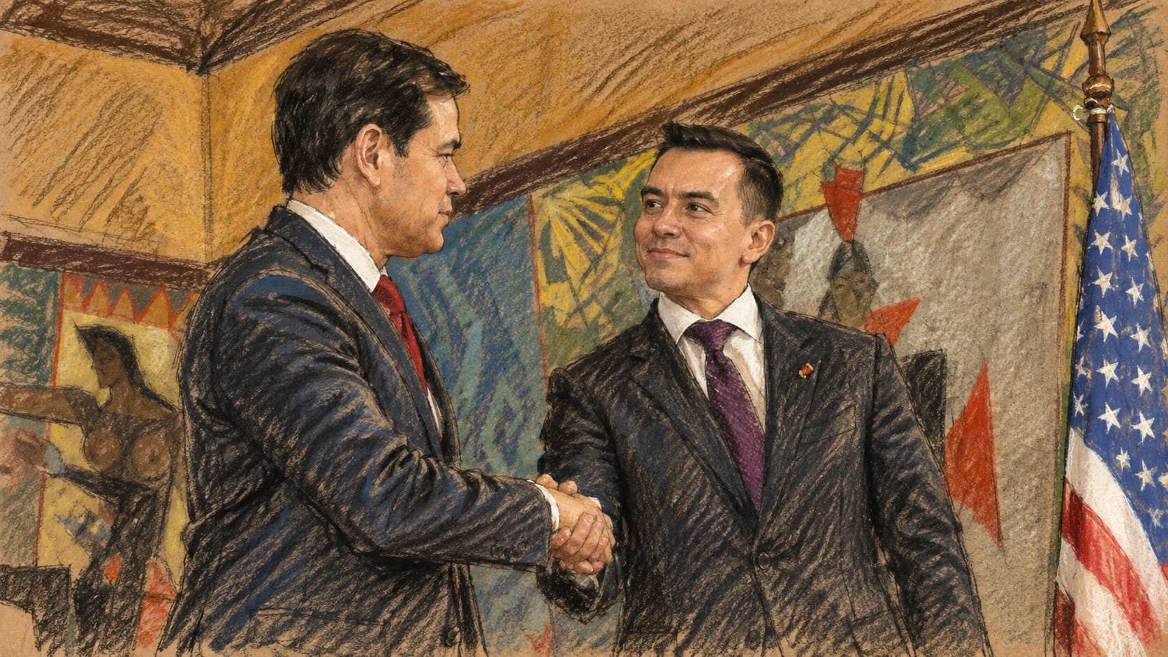 Courtroom-sketch editorial illustration of U.S. Secretary of State Marco Rubio and Ecuadorian President Daniel Noboa shaking hands before a colorful mural and U.S. flag, rendered in warm ochre and slate-blue pastel strokes.