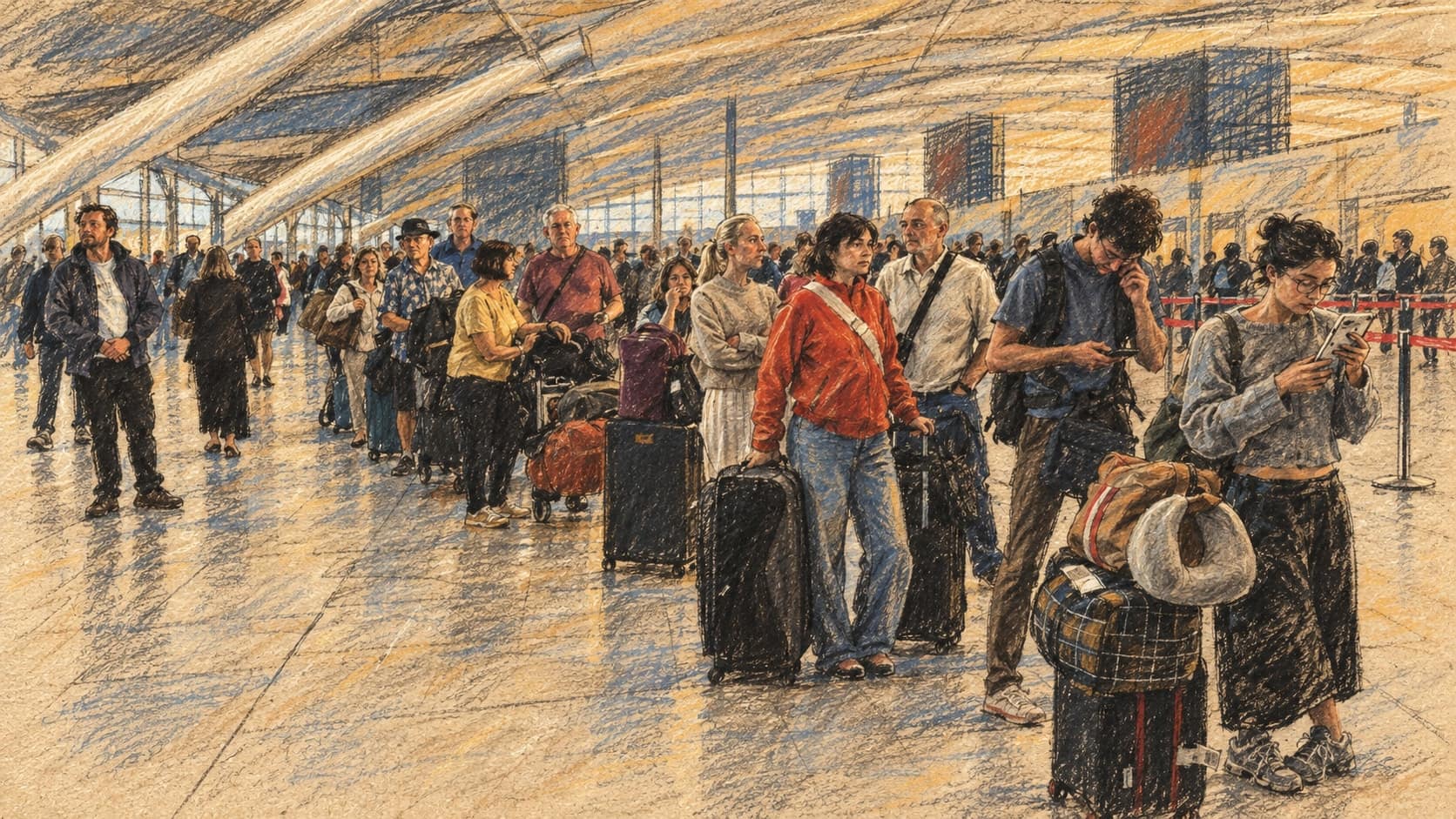Courtroom-sketch editorial illustration of delayed airline passengers with suitcases waiting in a queue inside a large airport departure hall, rendered in warm ochre and slate-blue pastel strokes.