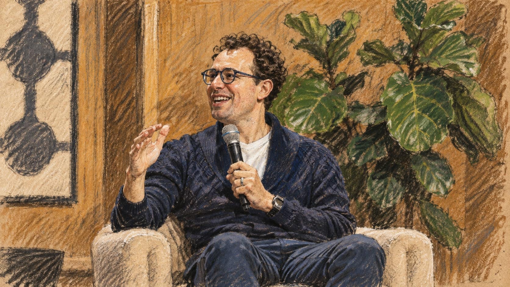 Courtroom-sketch editorial illustration of Anthropic CEO Dario Amodei seated in an armchair, speaking into a microphone and gesturing, rendered in warm ochre and slate-blue pastel strokes.
