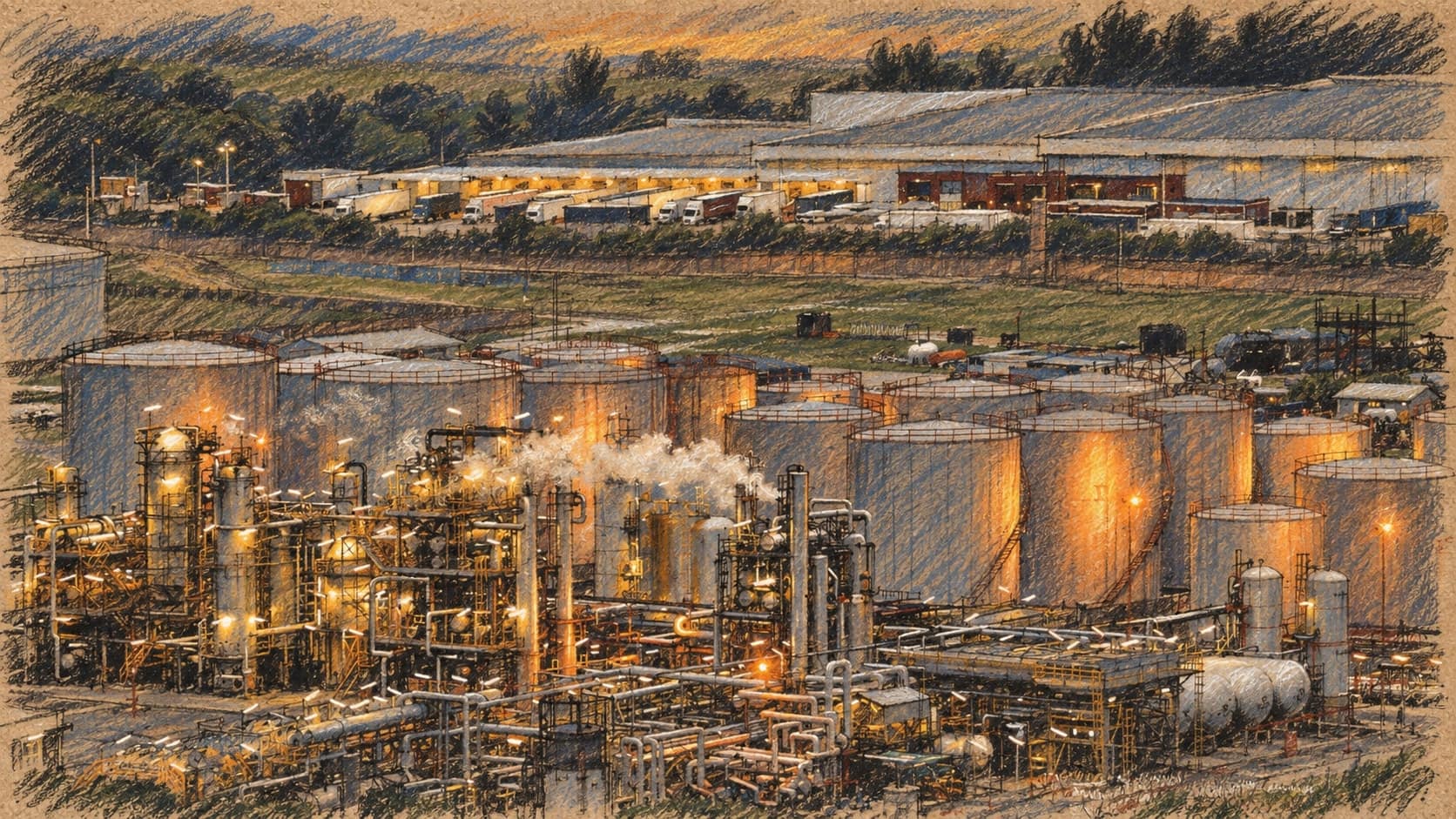 Courtroom-sketch editorial illustration of the SAPREF refinery at dusk, with dense pipework, cylindrical storage tanks, steam, and glowing industrial lights rendered in warm ochre and slate-blue pastel strokes.